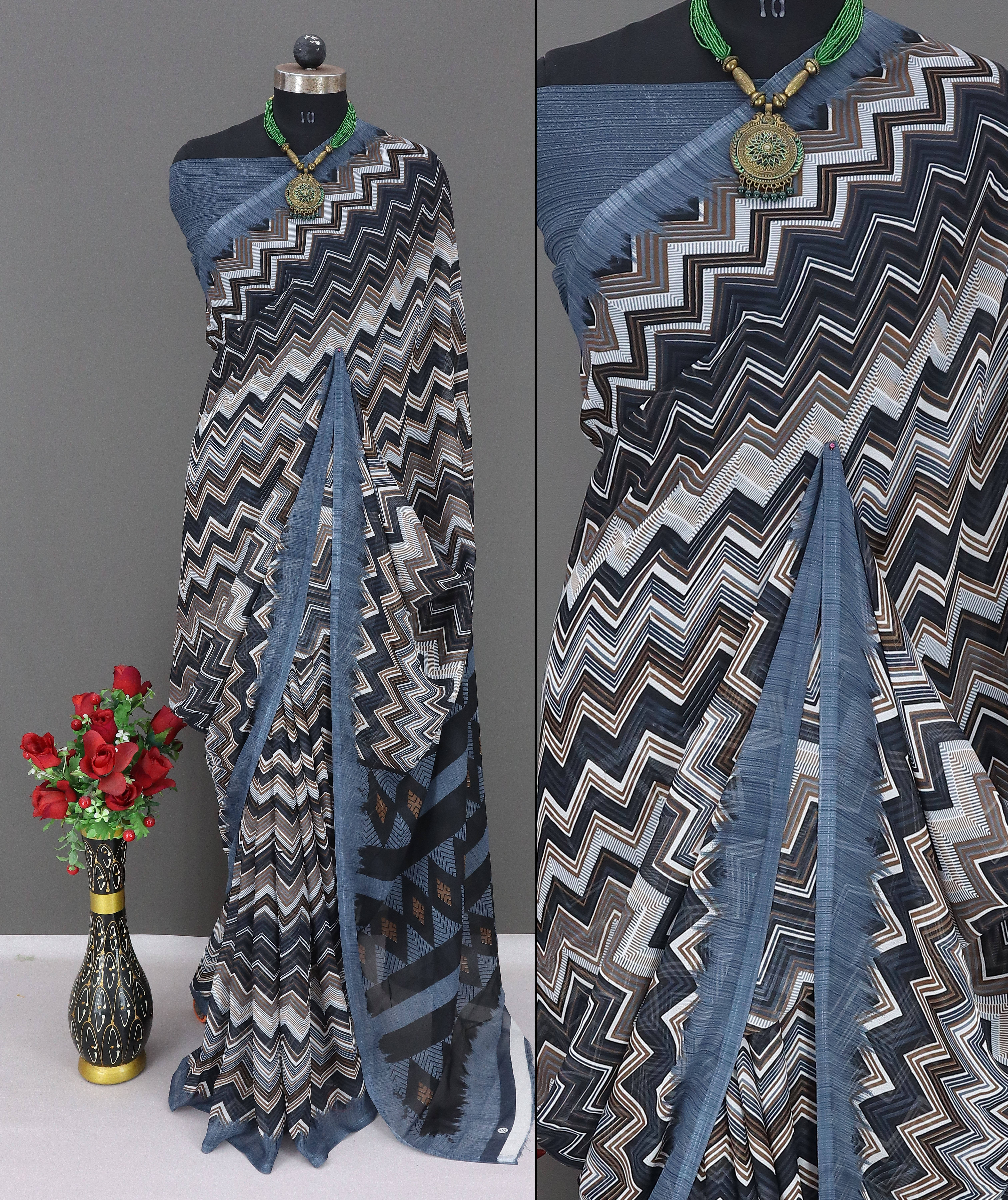 Rekha Maniyar Georgette Printed Saree With Unstitched Blouse Piece ( Grey ) Rekha Maniyar Georgette Printed Saree With Unstitched Blouse Piece ( Grey )