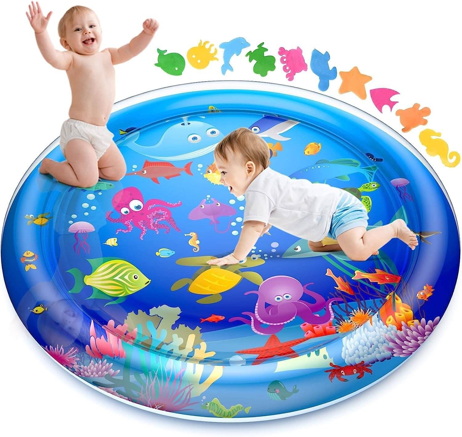     			Round Shape Inflatable Baby Water Play Mat, Ocean Theme with Sea Animals, Round Tummy Time Activity Centre for Kids
