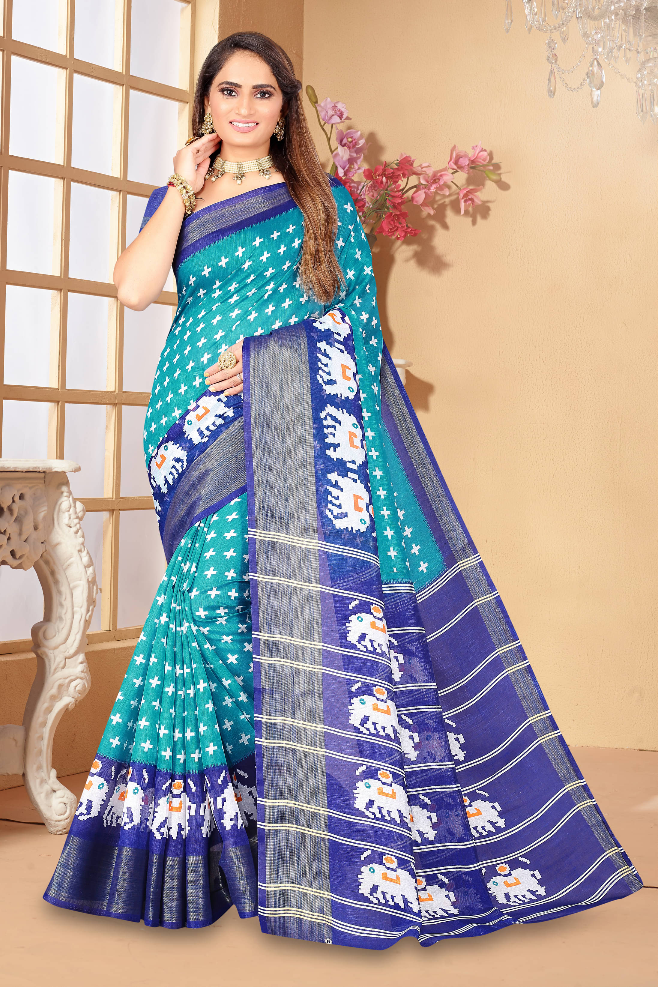 Samai Cotton Silk Printed Saree With Unstitched Blouse Piece ( LightBLue )     			Samai Cotton Silk Printed Saree With Unstitched Blouse Piece ( LightBLue )
