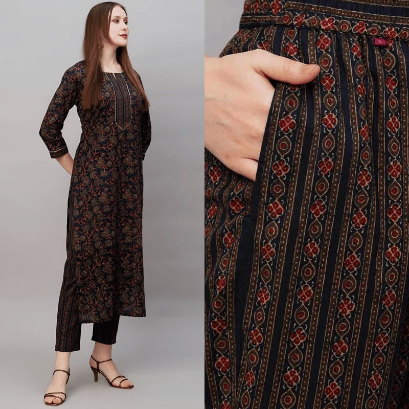     			TRIONZA Women Cotton Printed A-line Kurti With Pants ( Navy Blue )