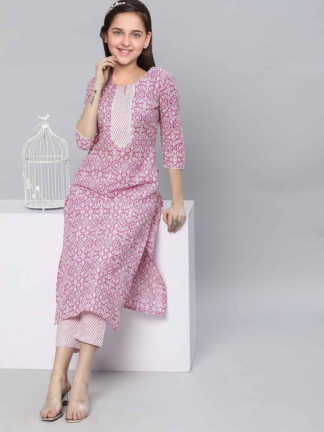     			Vetrokart Girls Cotton Blend Kurti with Pants ( Pack of 1 , Rosewood )