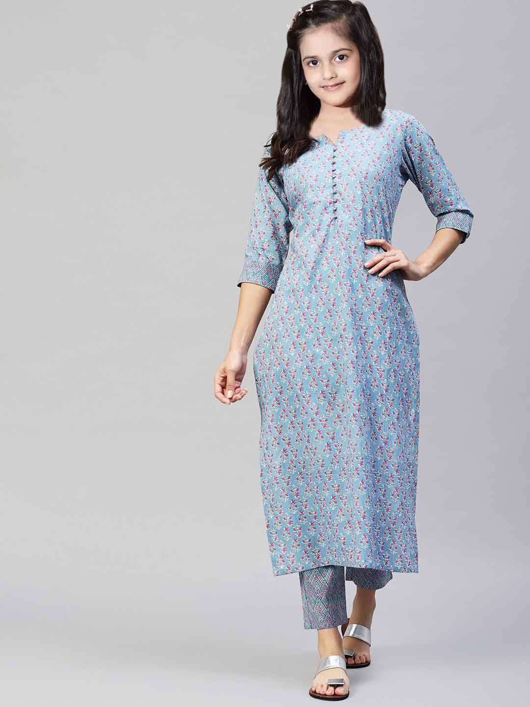     			Vetrokart Girls Cotton Blend Kurti with Pants ( Pack of 1 , Aqua )