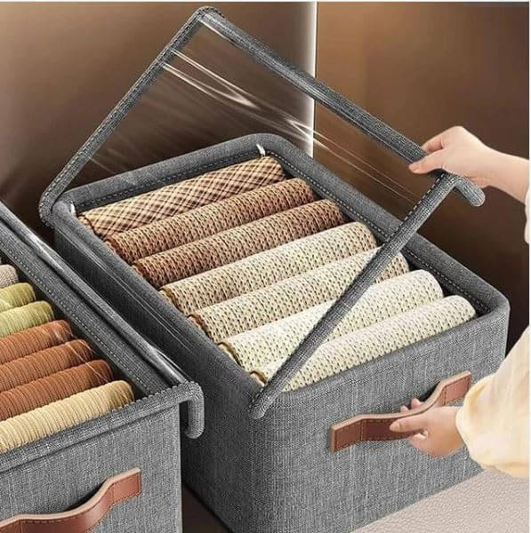     			sakimo 1 Pcs Closet Clothes Organizer with Handle & Lid, Fabric Storage Box with Steel Frame Stackable Shelf Storage Baskets, Foldable Wardrobe Storage Box for Clothes Toys