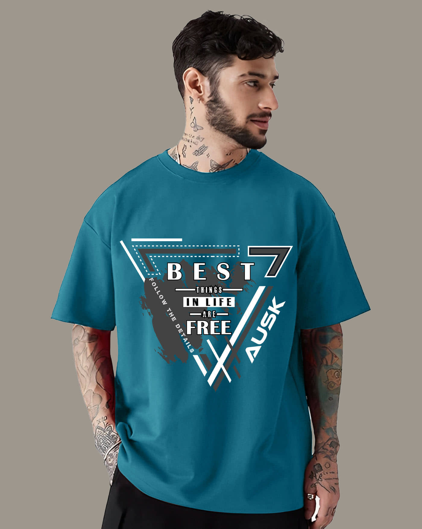 AUSK Men Cotton Blend Oversized Fit Printed T-Shirt ( Teal )