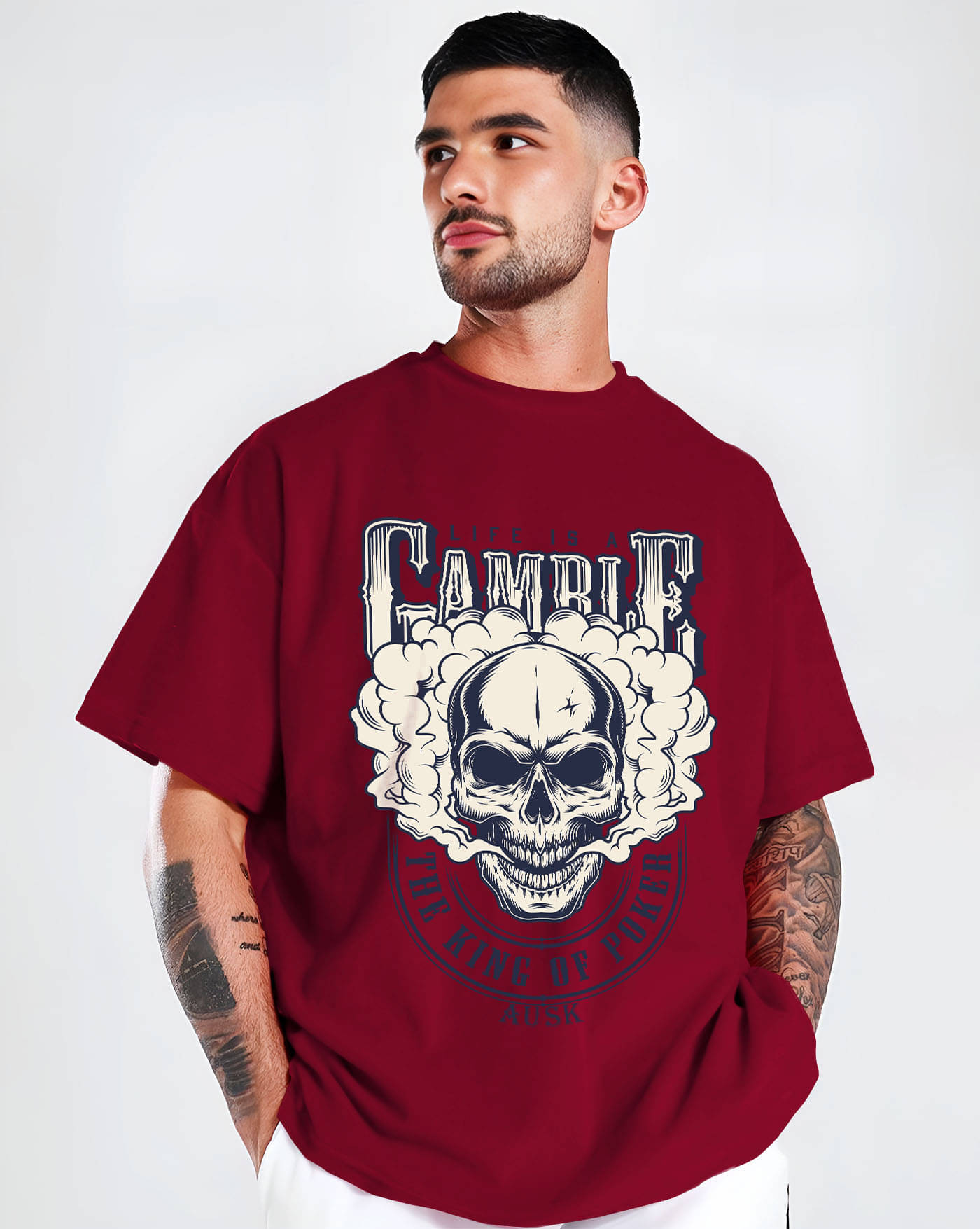 AUSK Men Cotton Blend Oversized Fit Printed T-Shirt ( Maroon )     			AUSK Men Cotton Blend Oversized Fit Printed T-Shirt ( Maroon )