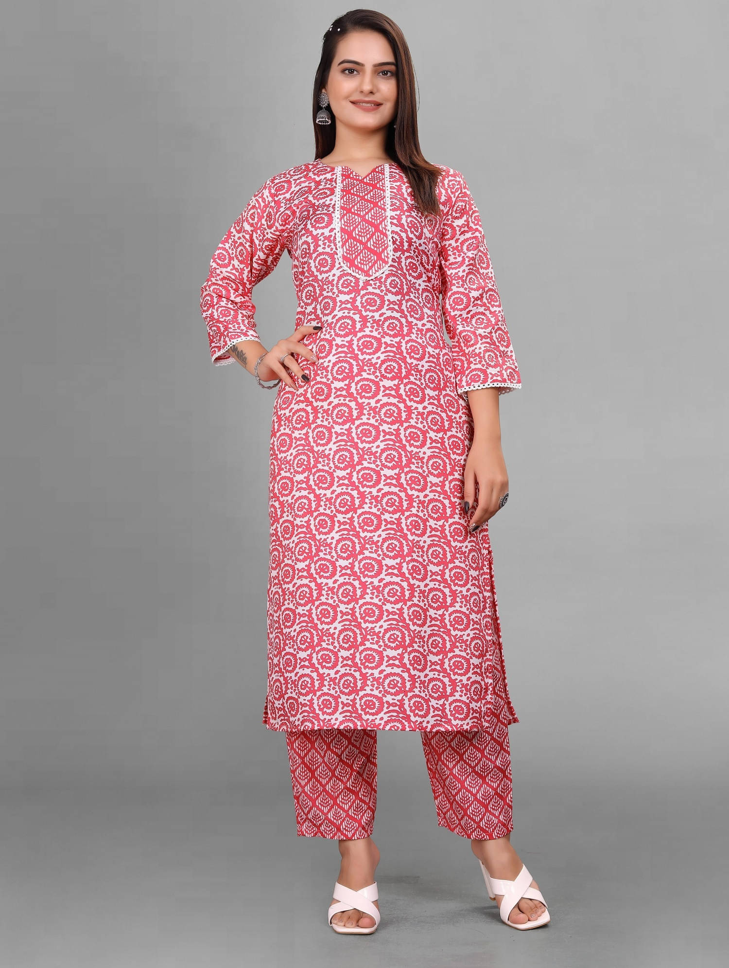 Aika Women Cotton Blend Printed Straight Kurti With Pants ( Rose Gold ) Aika Women Cotton Blend Printed Straight Kurti With Pants ( Rose Gold )