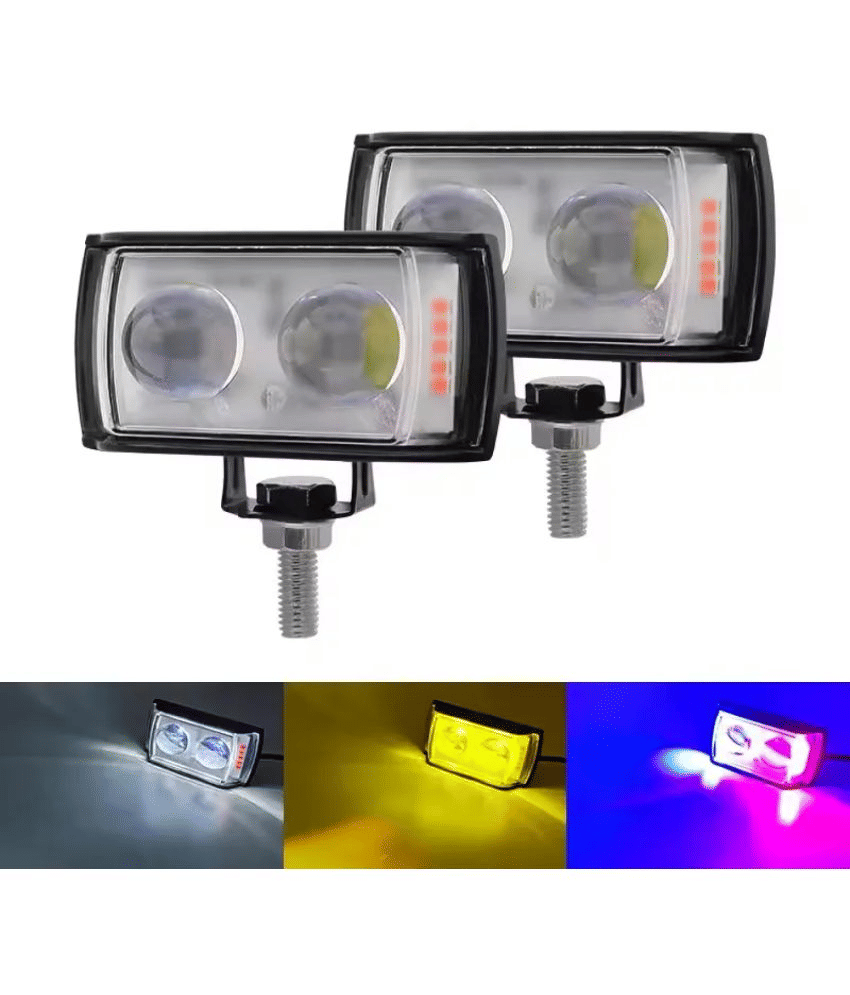 Aksmit Mini Double Lens Fog Light (Pack of 2) with Yellow & White Fleshing Light(RED & Blue DRL) Fog Lamp Motorbike LED (12 V) (Universal For Bike/Car)