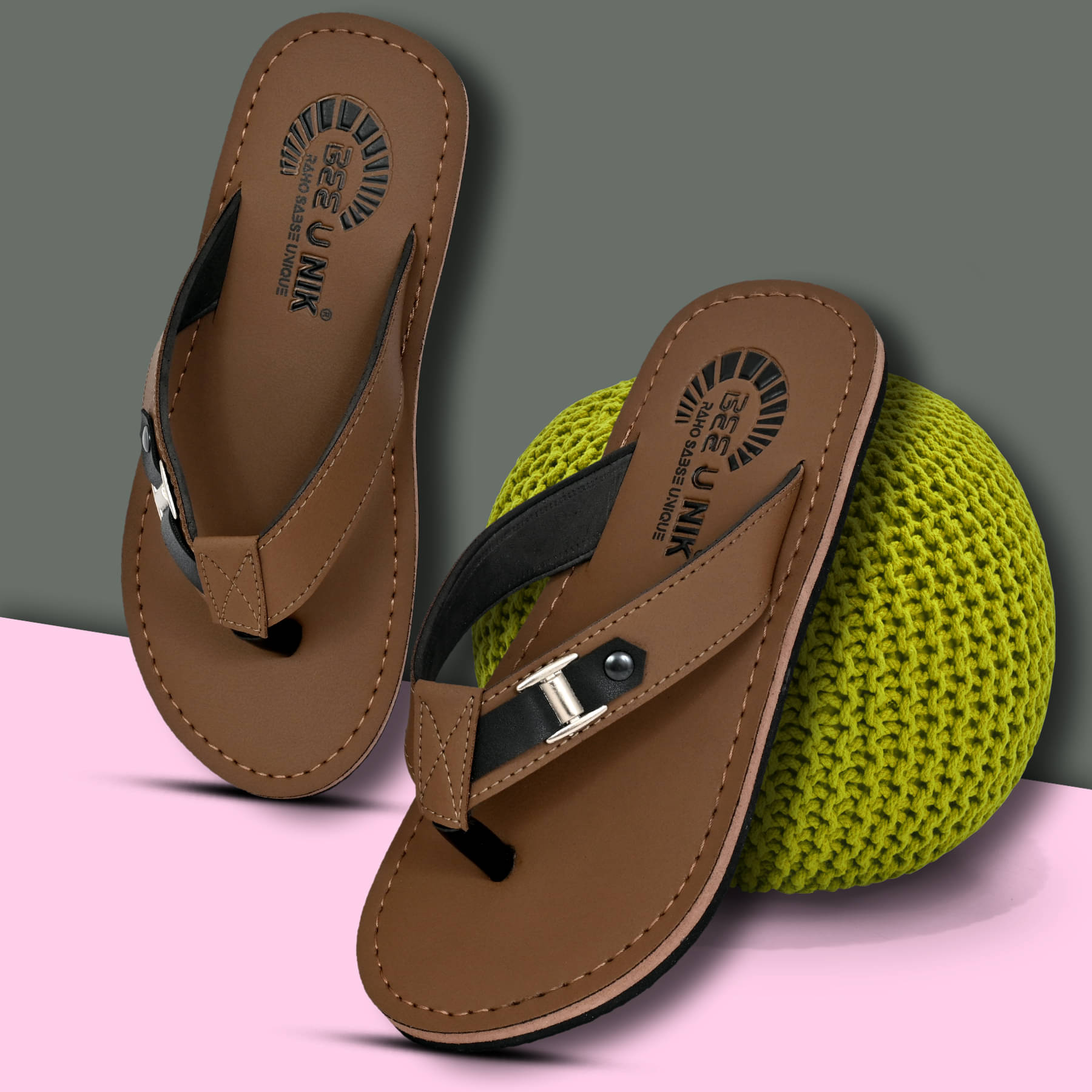     			BEE U NIK Brown Men's Thong Flip Flop
