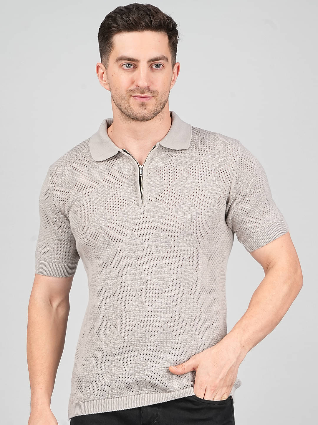     			FEVERFEW Men Cotton Regular Fit Self Design Polo T Shirt ( Light Grey )