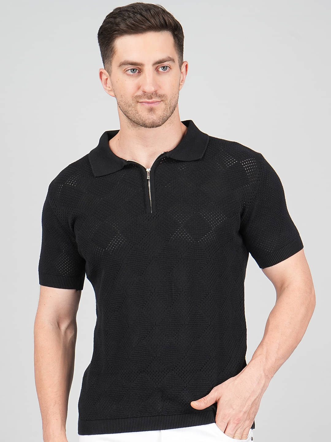 FEVERFEW Men Cotton Regular Fit Self Design Polo T Shirt ( Black ) FEVERFEW Men Cotton Regular Fit Self Design Polo T Shirt ( Black )