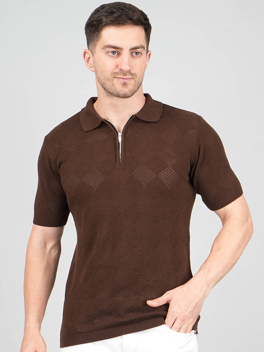 FEVERFEW Men Cotton Regular Fit Self Design Polo T Shirt ( Coffee ) FEVERFEW Men Cotton Regular Fit Self Design Polo T Shirt ( Coffee )