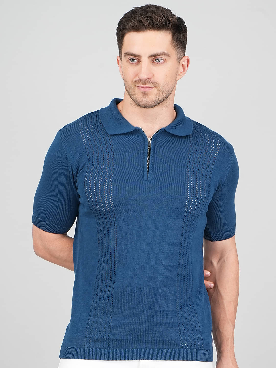 FEVERFEW Men Cotton Regular Fit Self Design Polo T Shirt ( Blue ) FEVERFEW Men Cotton Regular Fit Self Design Polo T Shirt ( Blue )
