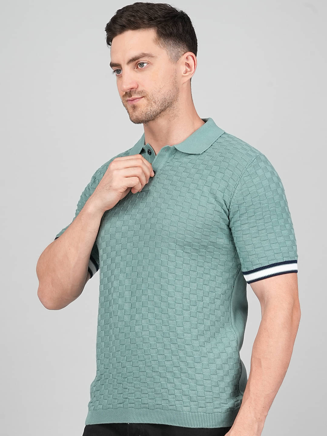 FEVERFEW Men Cotton Regular Fit Self Design Polo T Shirt ( Green ) FEVERFEW Men Cotton Regular Fit Self Design Polo T Shirt ( Green )