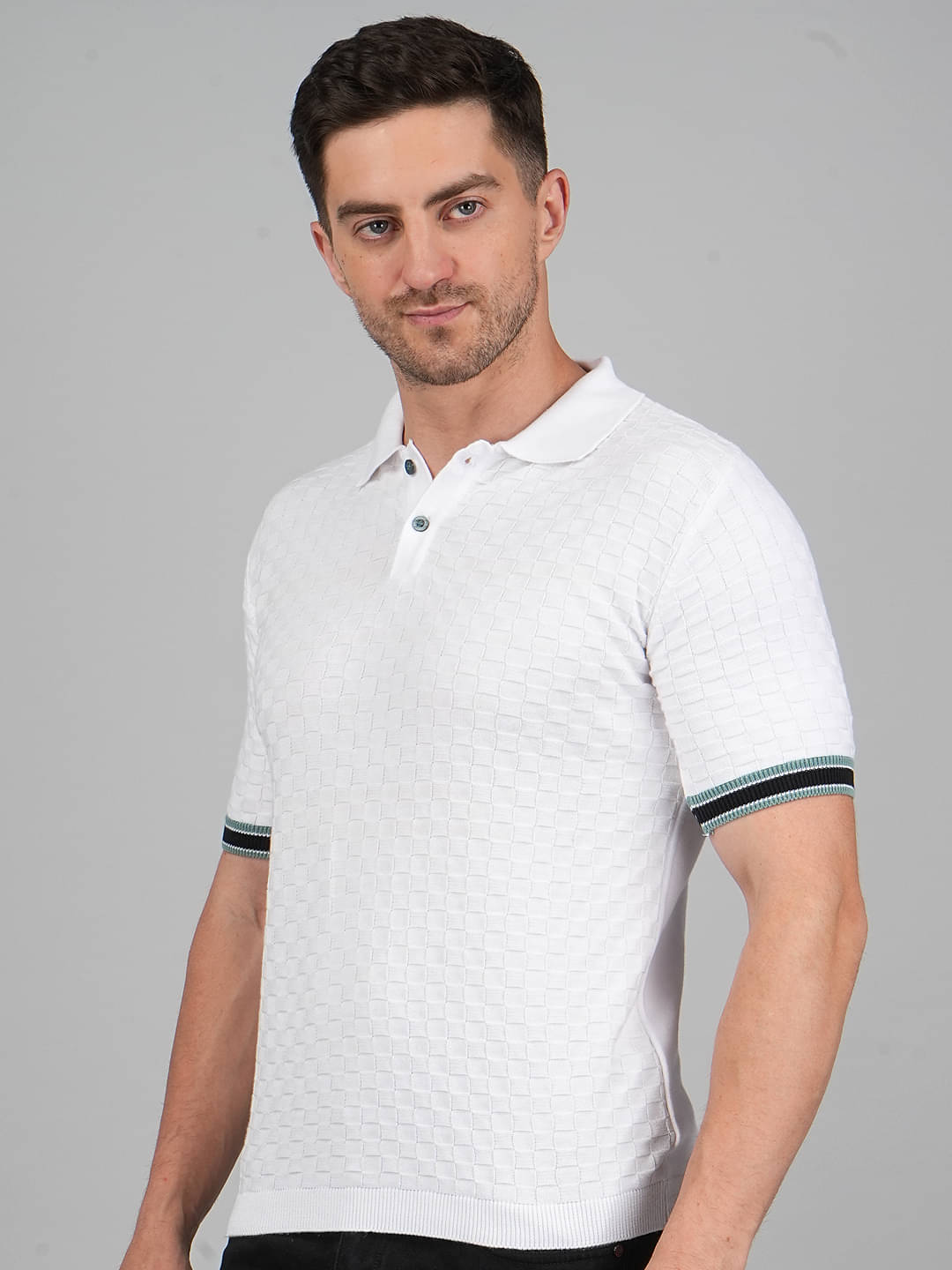 FEVERFEW Men Cotton Regular Fit Self Design Polo T Shirt ( White ) FEVERFEW Men Cotton Regular Fit Self Design Polo T Shirt ( White )