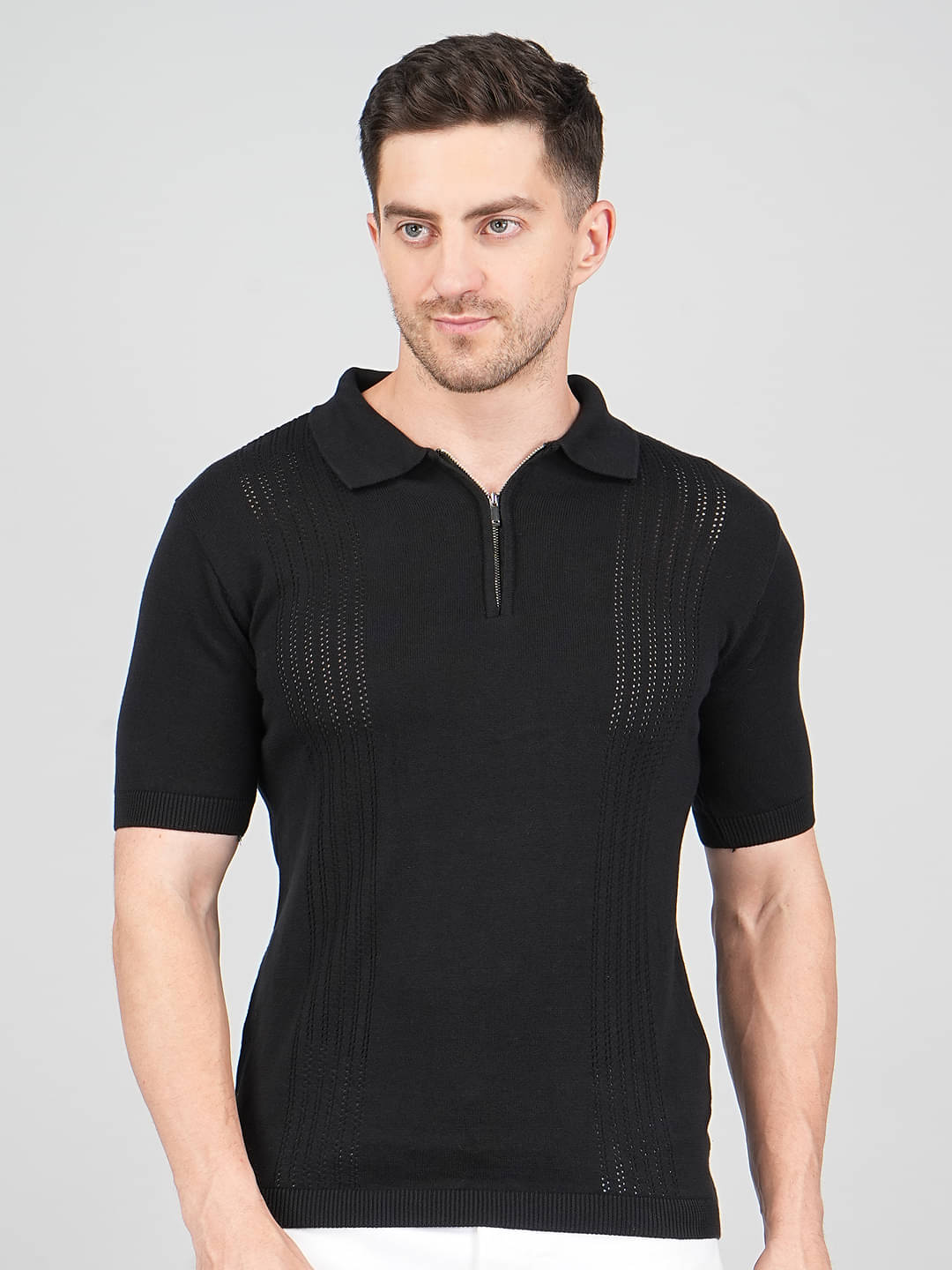FEVERFEW Men Cotton Regular Fit Self Design Polo T Shirt ( Black ) FEVERFEW Men Cotton Regular Fit Self Design Polo T Shirt ( Black )