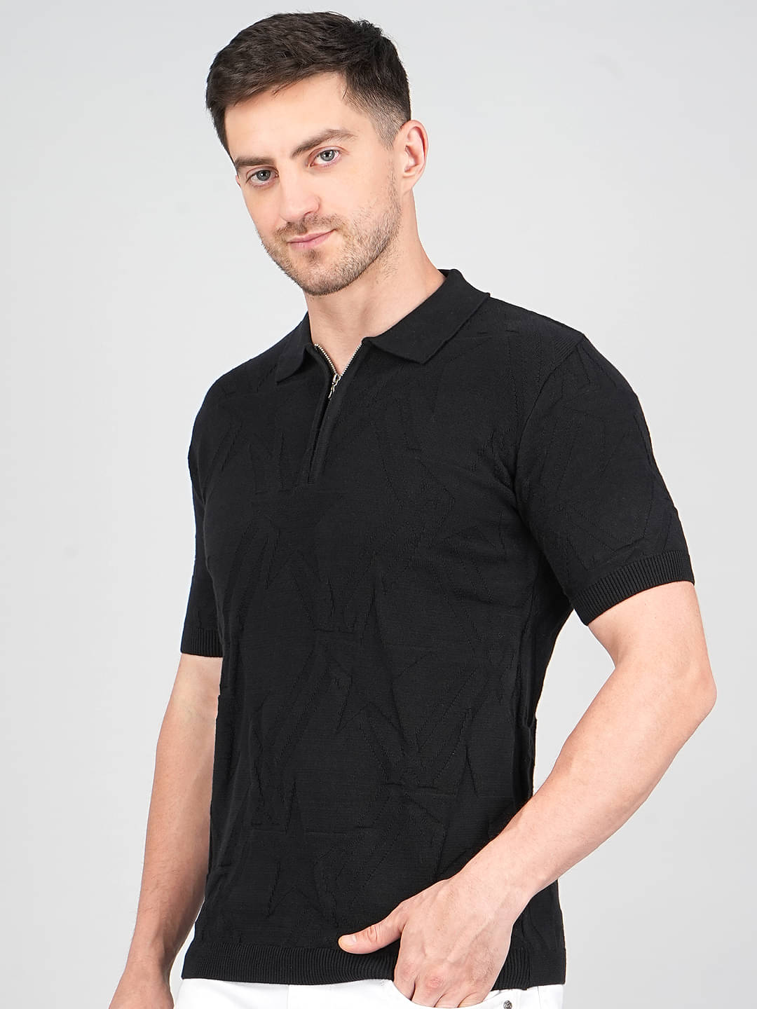 FEVERFEW Men Cotton Regular Fit Self Design Polo T Shirt ( Black ) FEVERFEW Men Cotton Regular Fit Self Design Polo T Shirt ( Black )