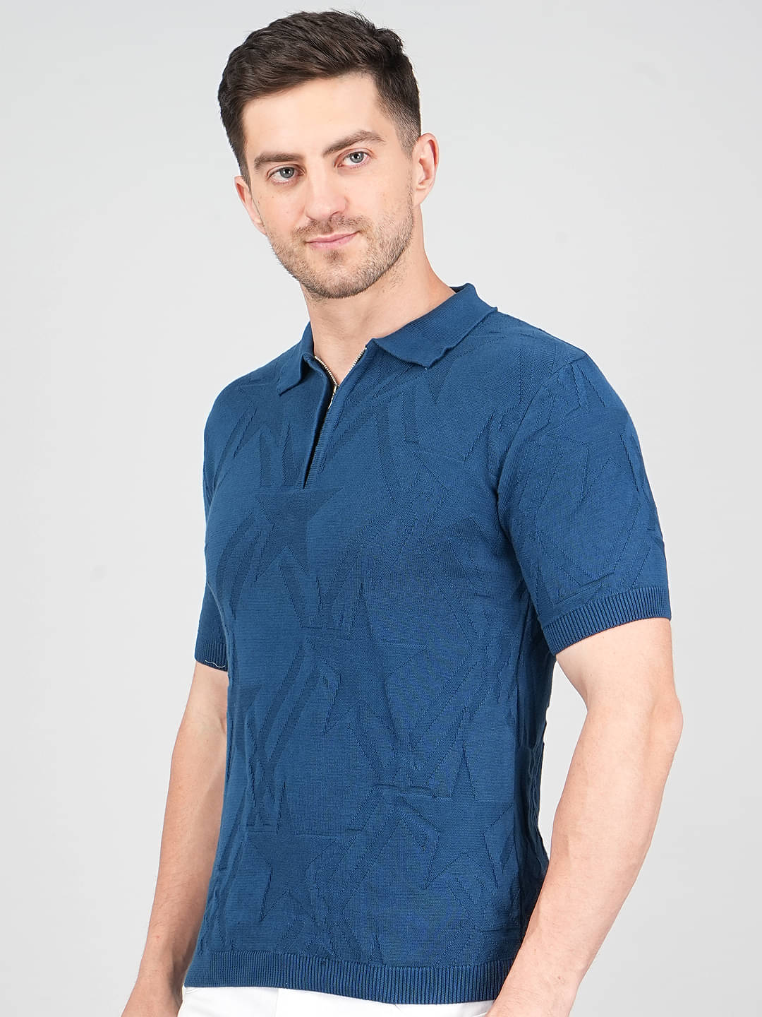 FEVERFEW Men Cotton Regular Fit Self Design Polo T Shirt ( Blue )     			FEVERFEW Men Cotton Regular Fit Self Design Polo T Shirt ( Blue )