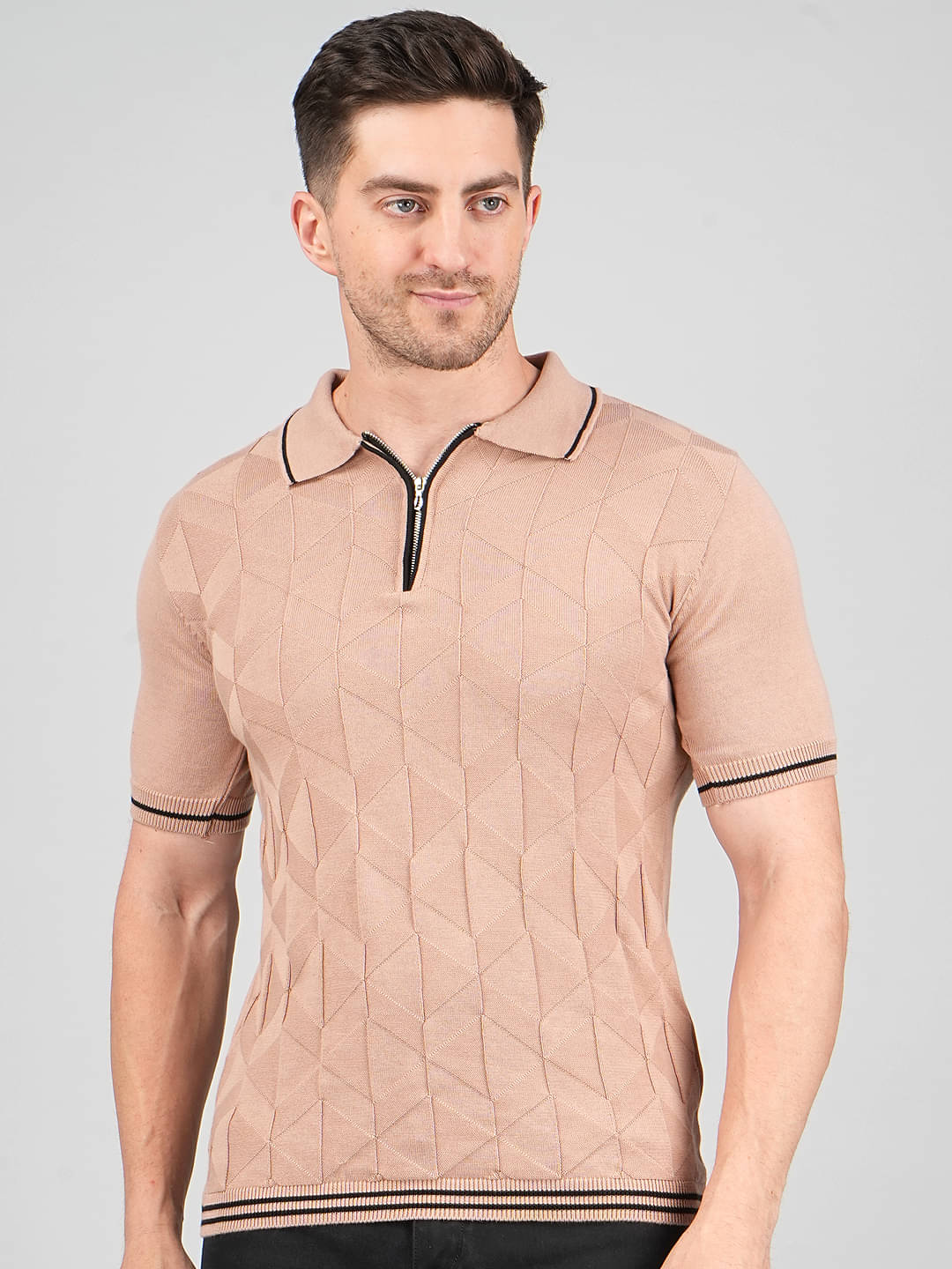     			FEVERFEW Men Cotton Regular Fit Self Design Polo T Shirt ( Camel )