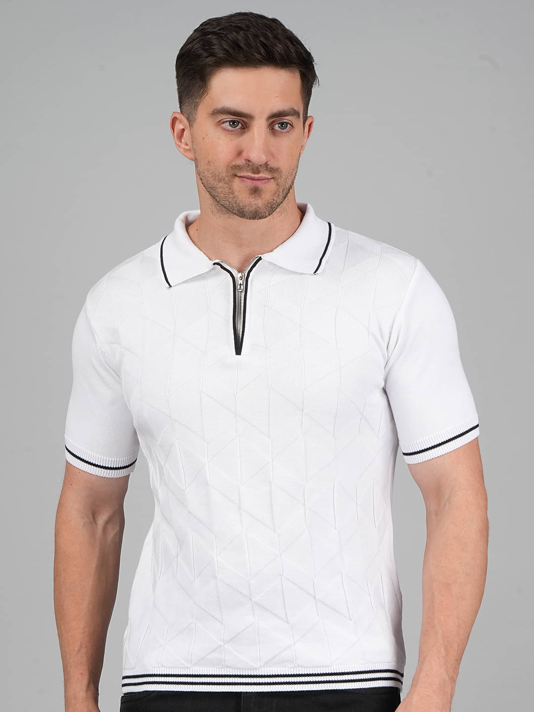 FEVERFEW Men Cotton Regular Fit Self Design Polo T Shirt ( White ) FEVERFEW Men Cotton Regular Fit Self Design Polo T Shirt ( White )