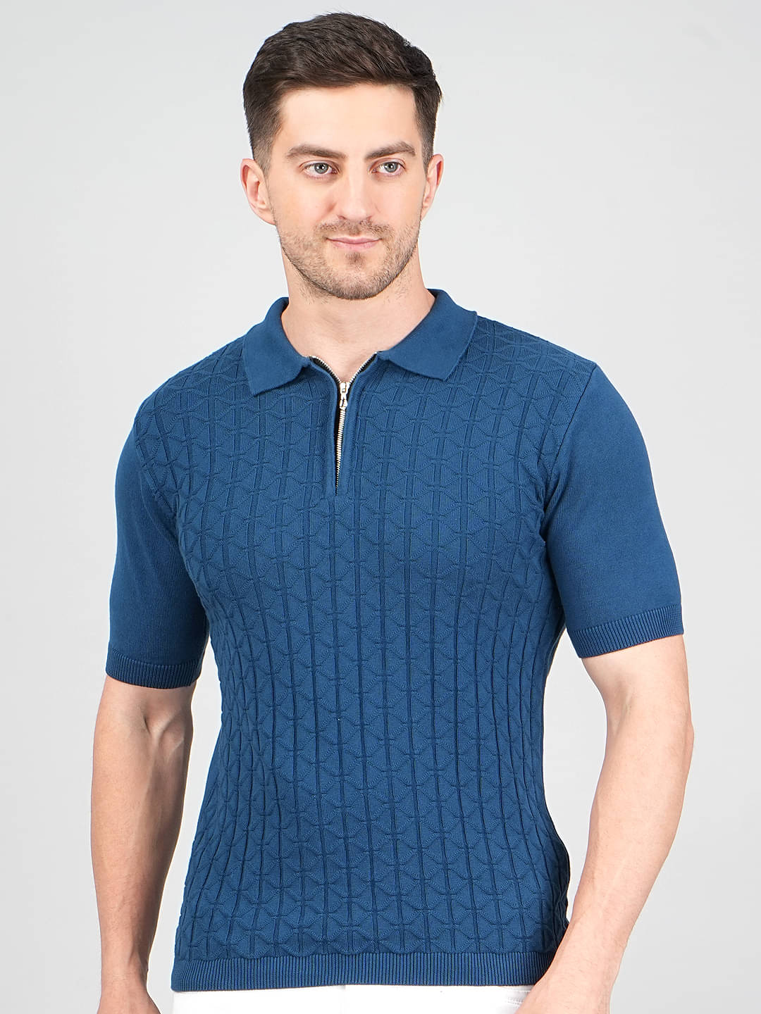FEVERFEW Men Cotton Regular Fit Self Design Polo T Shirt ( Blue ) FEVERFEW Men Cotton Regular Fit Self Design Polo T Shirt ( Blue )