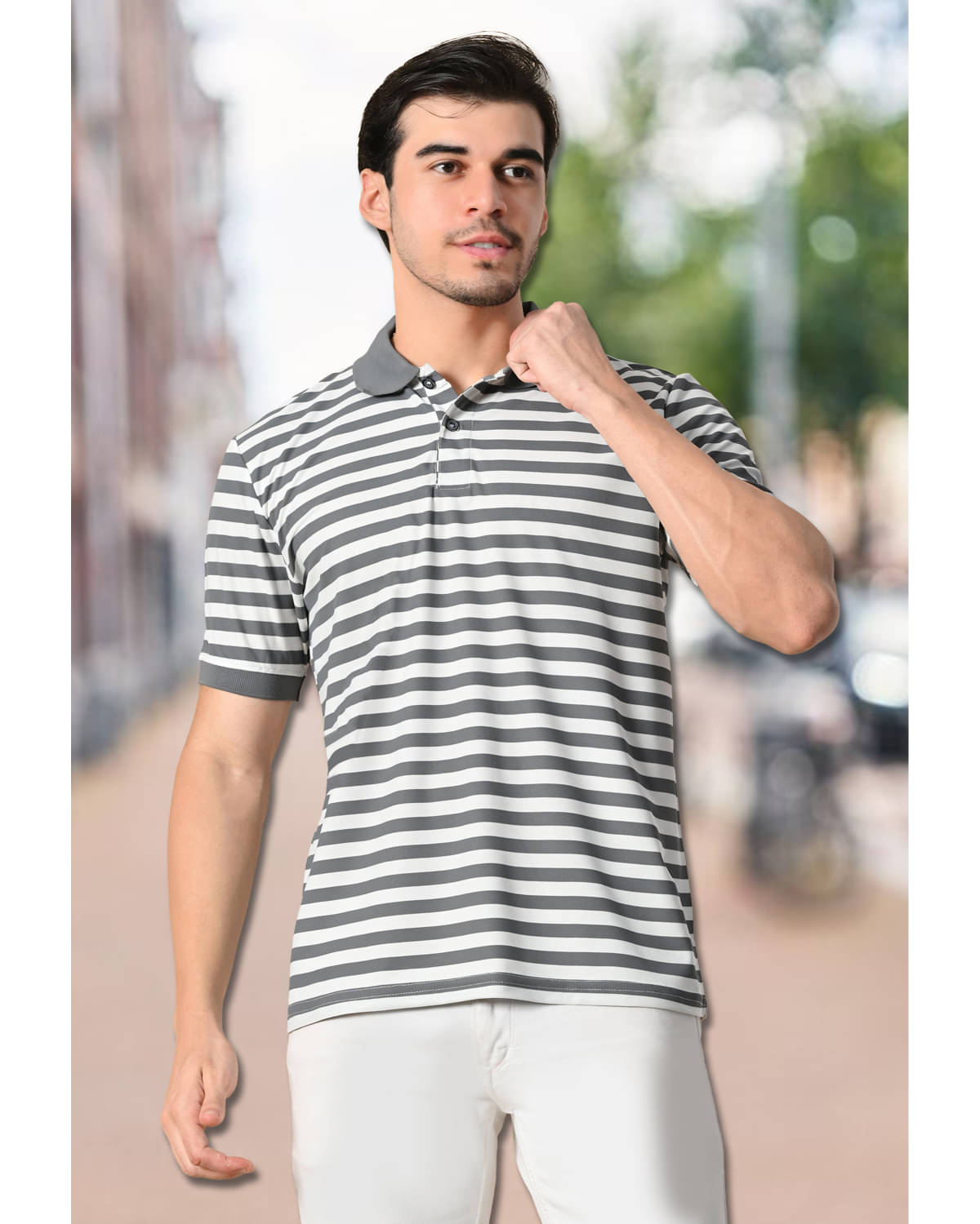     			Glito Men Cotton Relaxed Fit Striped Polo T Shirt ( Grey )