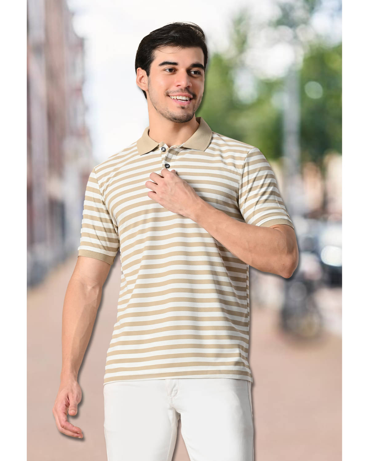 Glito Men Cotton Relaxed Fit Striped Polo T Shirt ( Beige ) Glito Men Cotton Relaxed Fit Striped Polo T Shirt ( Beige )