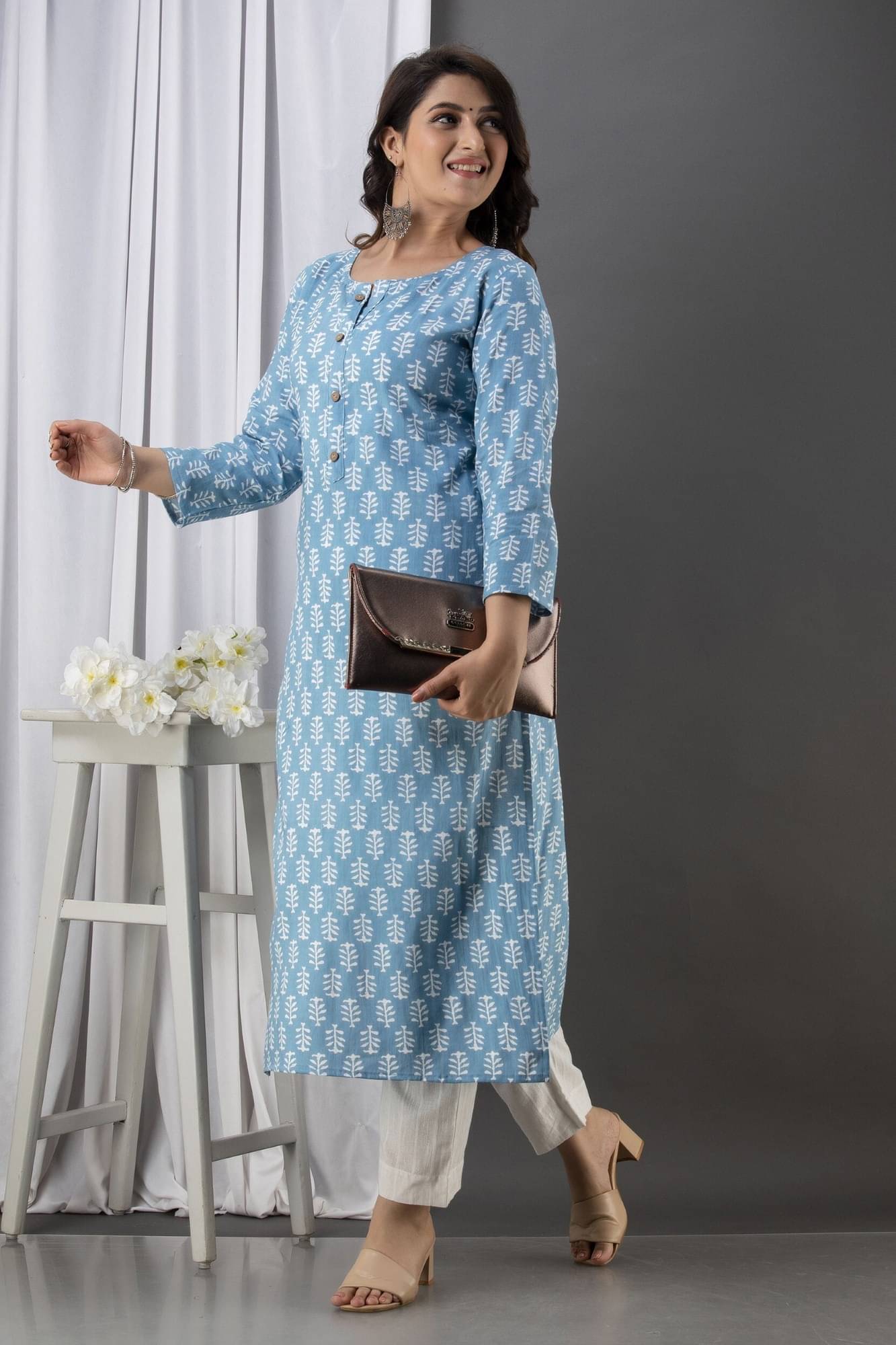 Greyshade Women's Cotton Blend Printed Straight Kurti - ( Blue ) Greyshade Women's Cotton Blend Printed Straight Kurti - ( Blue )