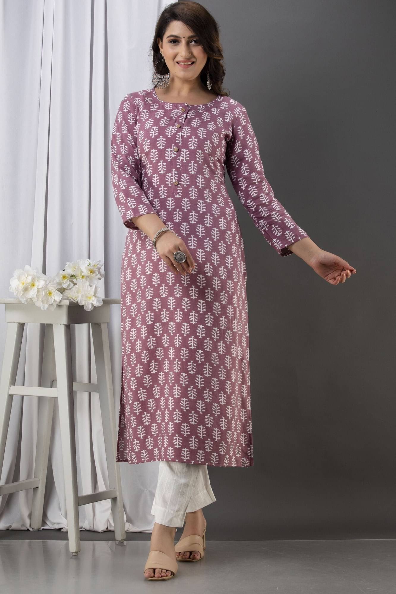Greyshade Women's Cotton Blend Printed Straight Kurti - ( Purple ) Greyshade Women's Cotton Blend Printed Straight Kurti - ( Purple )