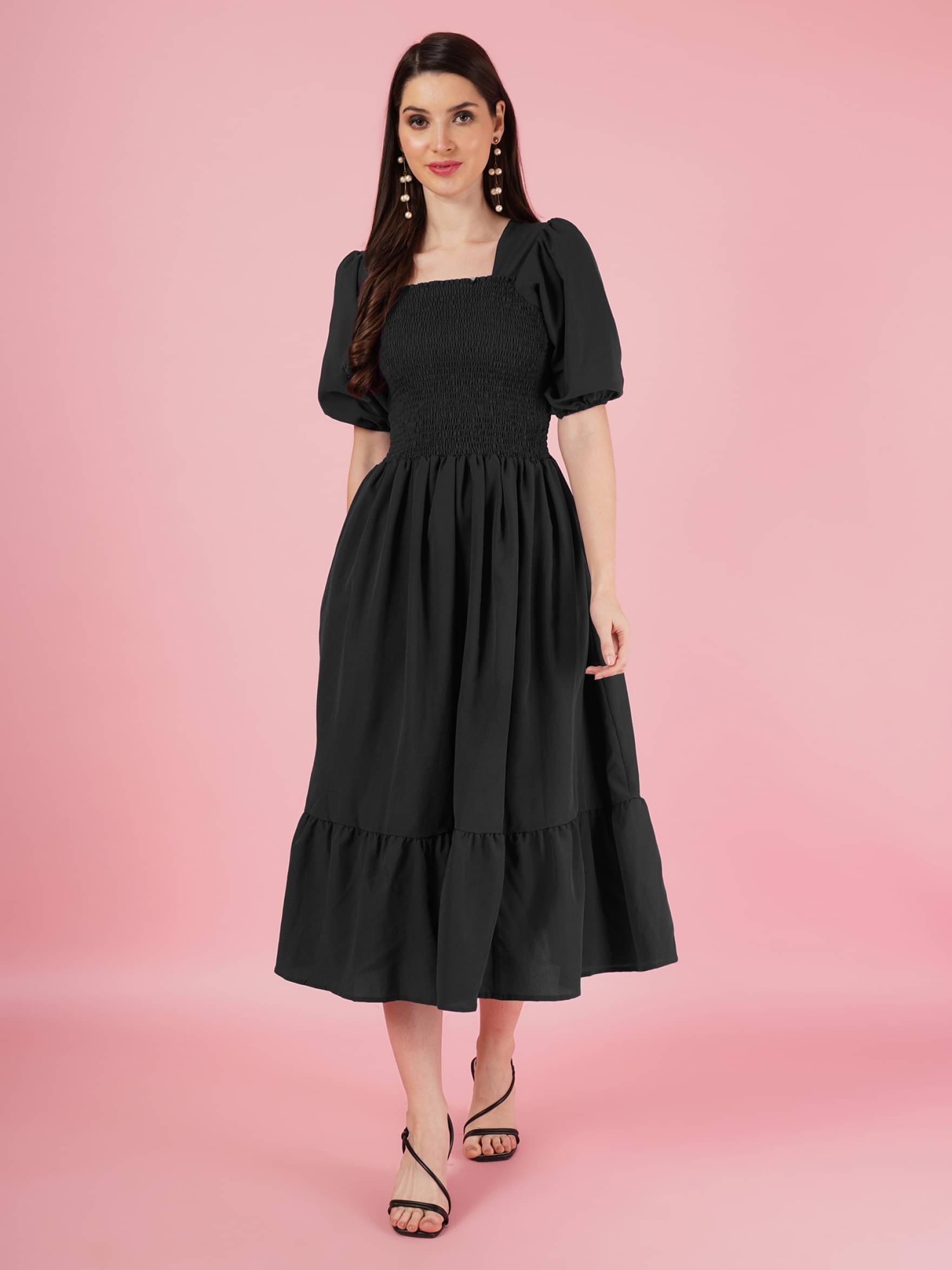 JASH CREATION Women's Polyester Solid Fit & Flare Dress ( Black ) JASH CREATION Women's Polyester Solid Fit & Flare Dress ( Black )