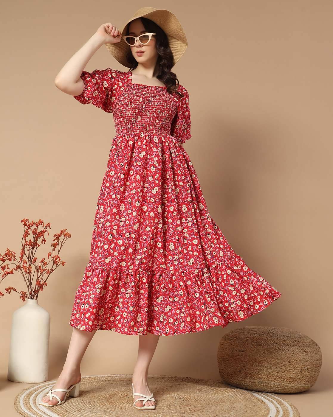 Krunal Raiyani Women's Polyester Printed Fit & Flare Dress ( Red ) Krunal Raiyani Women's Polyester Printed Fit & Flare Dress ( Red )