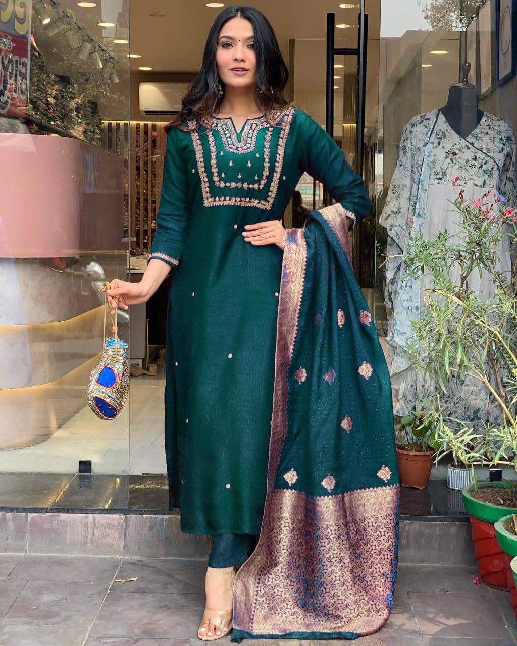 Mahek Fashion Women Chanderi Embellished Straight Kurti With Pants ( Dark Green )