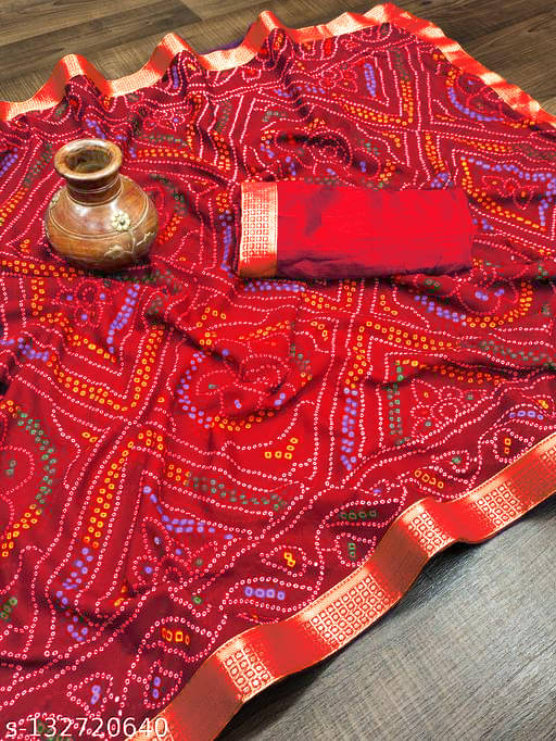 Mysstre Chiffon Printed Saree With Unstitched Blouse Piece ( Red )     			Mysstre Chiffon Printed Saree With Unstitched Blouse Piece ( Red )