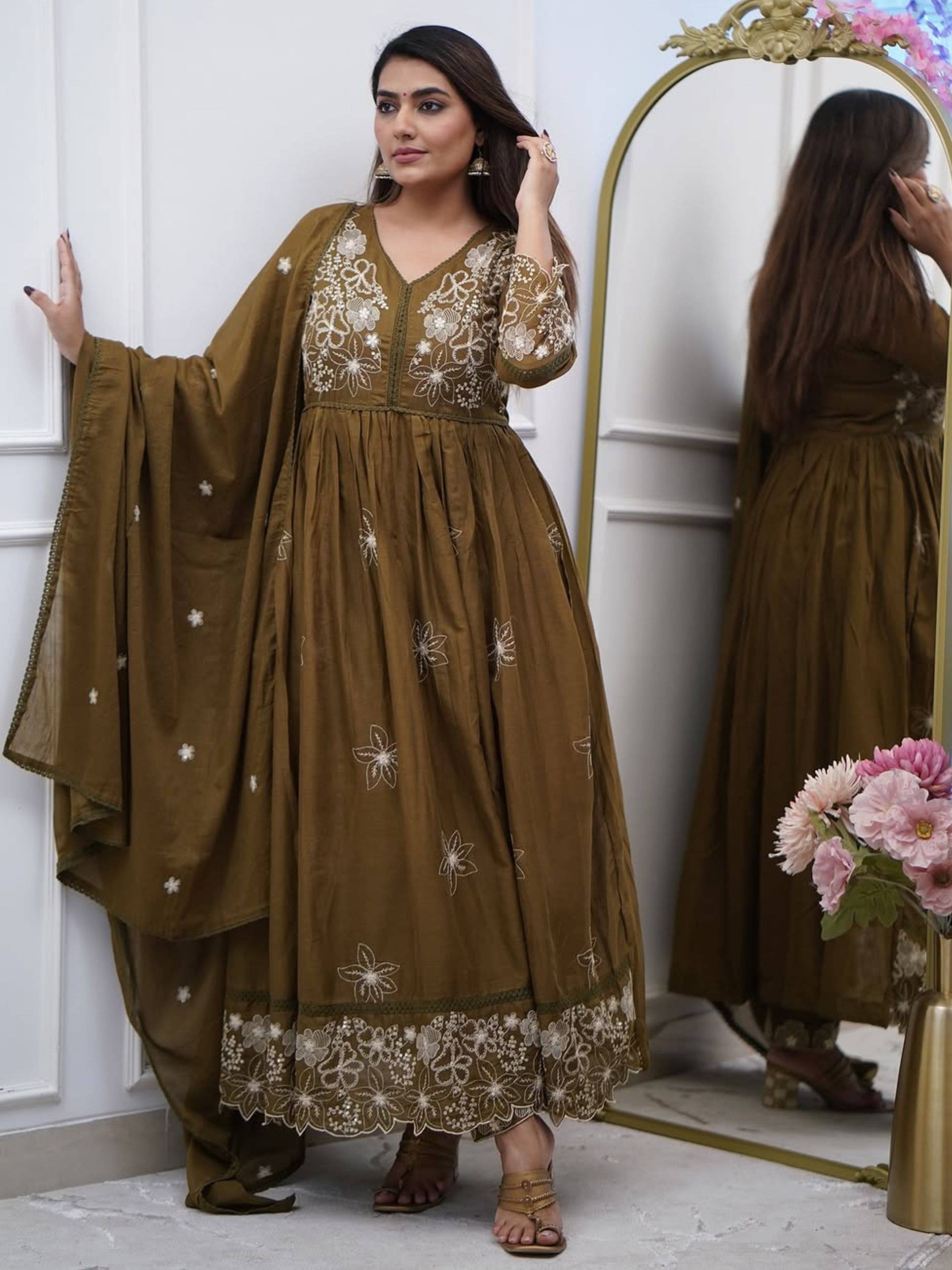     			Niza Fashion Women Cotton Embellished Anarkali Kurti With Pants ( Brown )