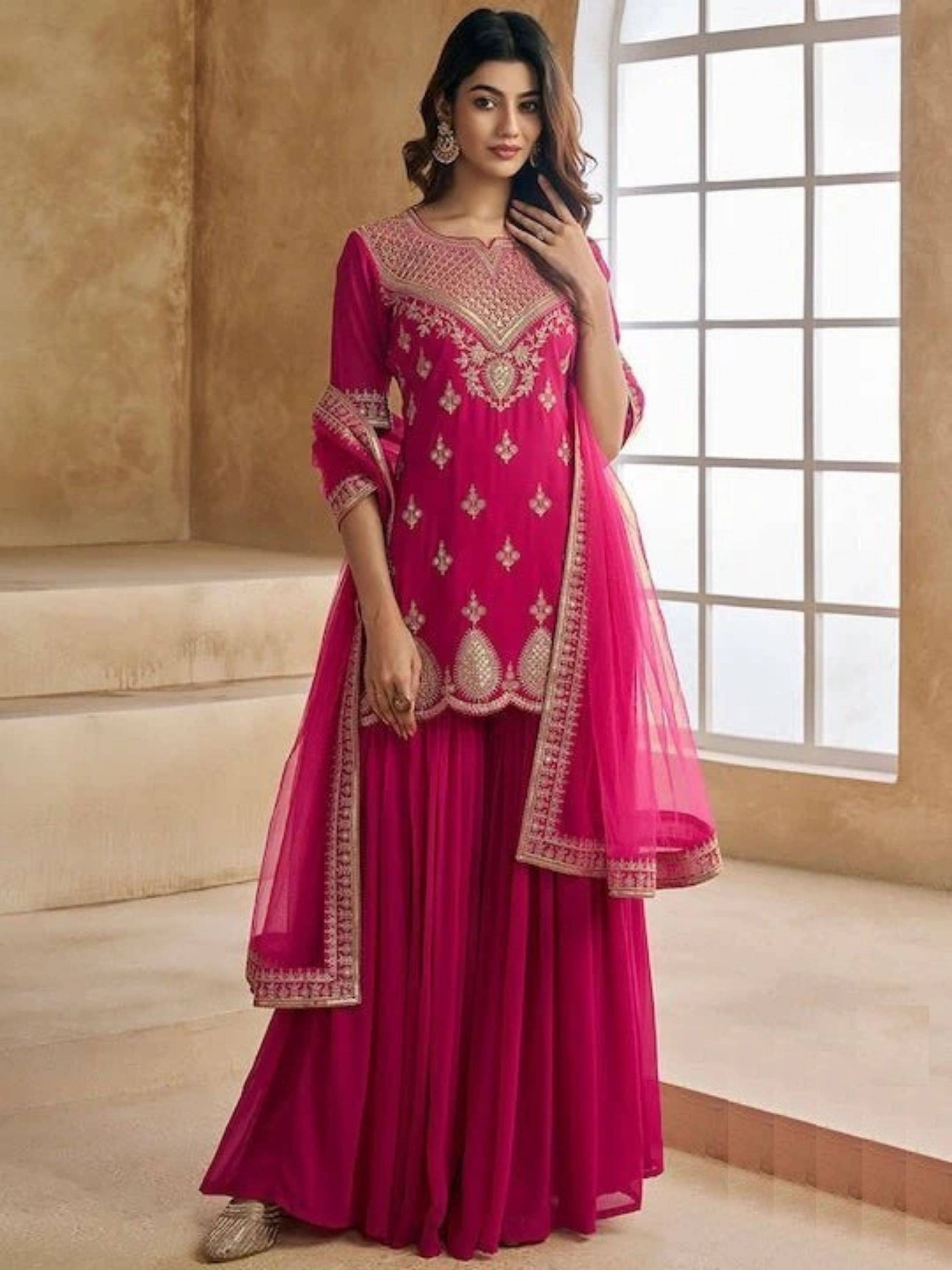     			Niza Fashion Women Georgette Embellished Straight Kurti With Sharara And Gharara ( Pink )