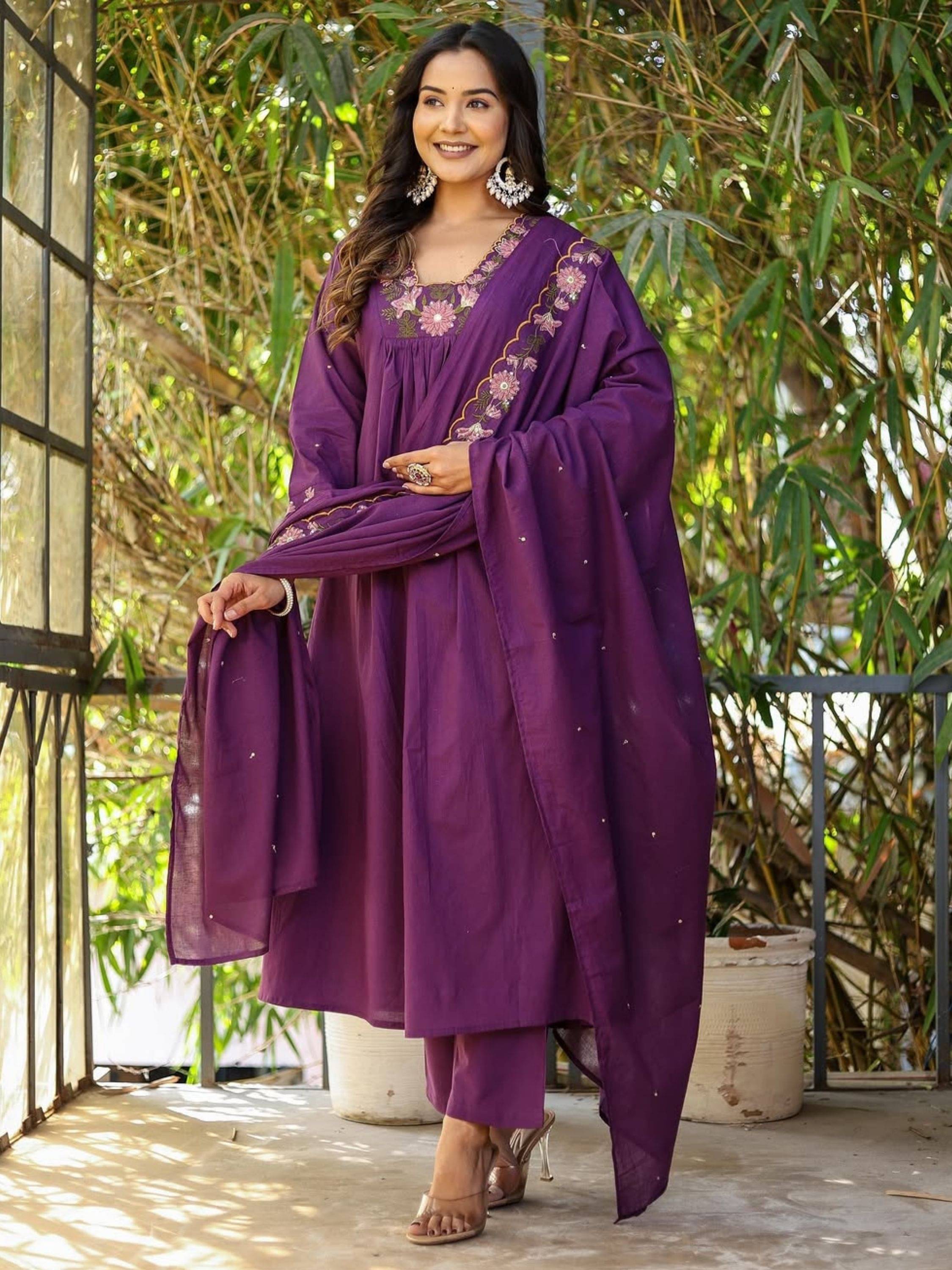 Niza Fashion Women Rayon Embroidered Flared Kurti With Pants ( Purple ) Niza Fashion Women Rayon Embroidered Flared Kurti With Pants ( Purple )