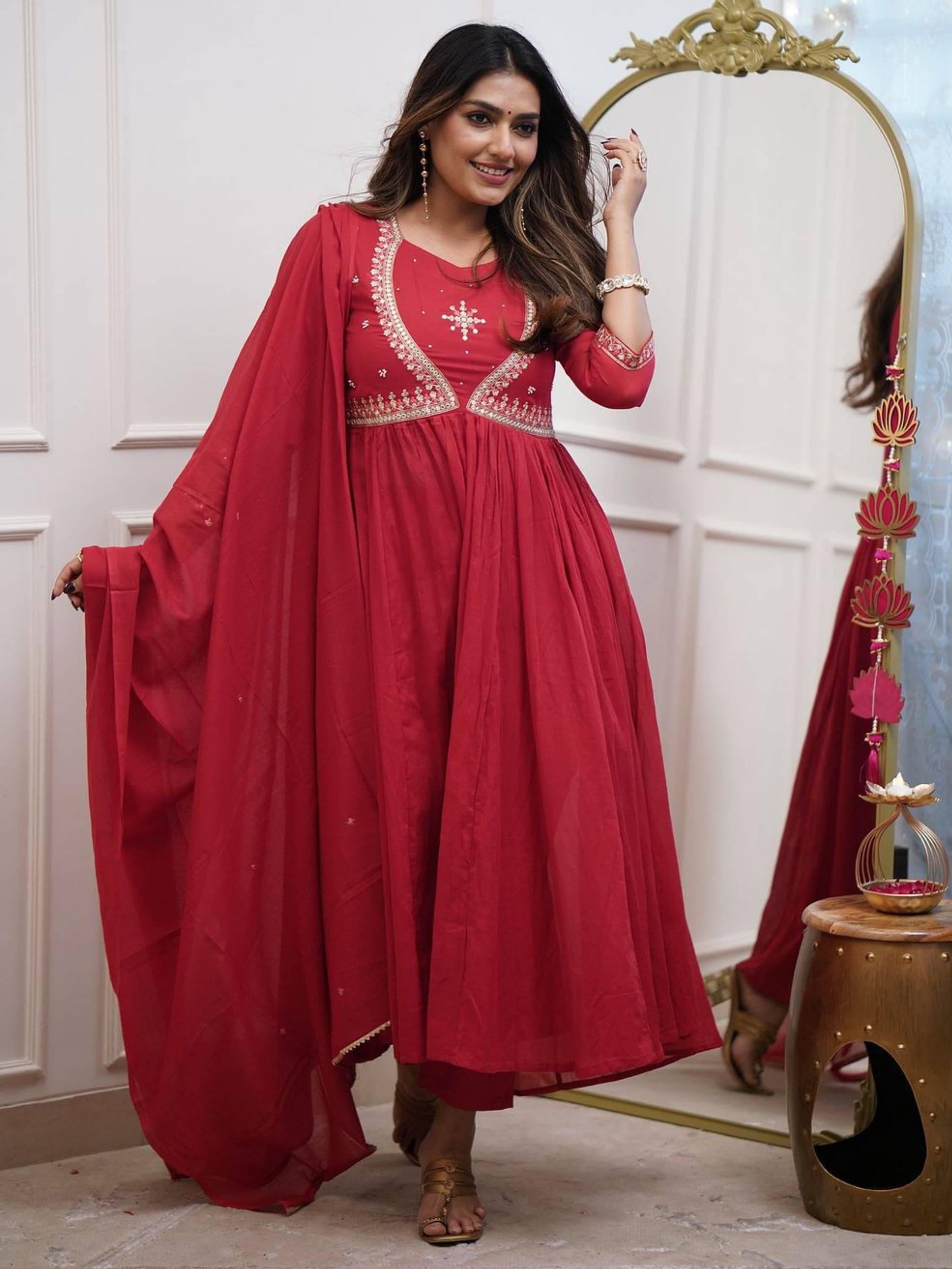 Niza Fashion Women Silk Embroidered Anarkali Kurti With Pants ( Red ) Niza Fashion Women Silk Embroidered Anarkali Kurti With Pants ( Red )