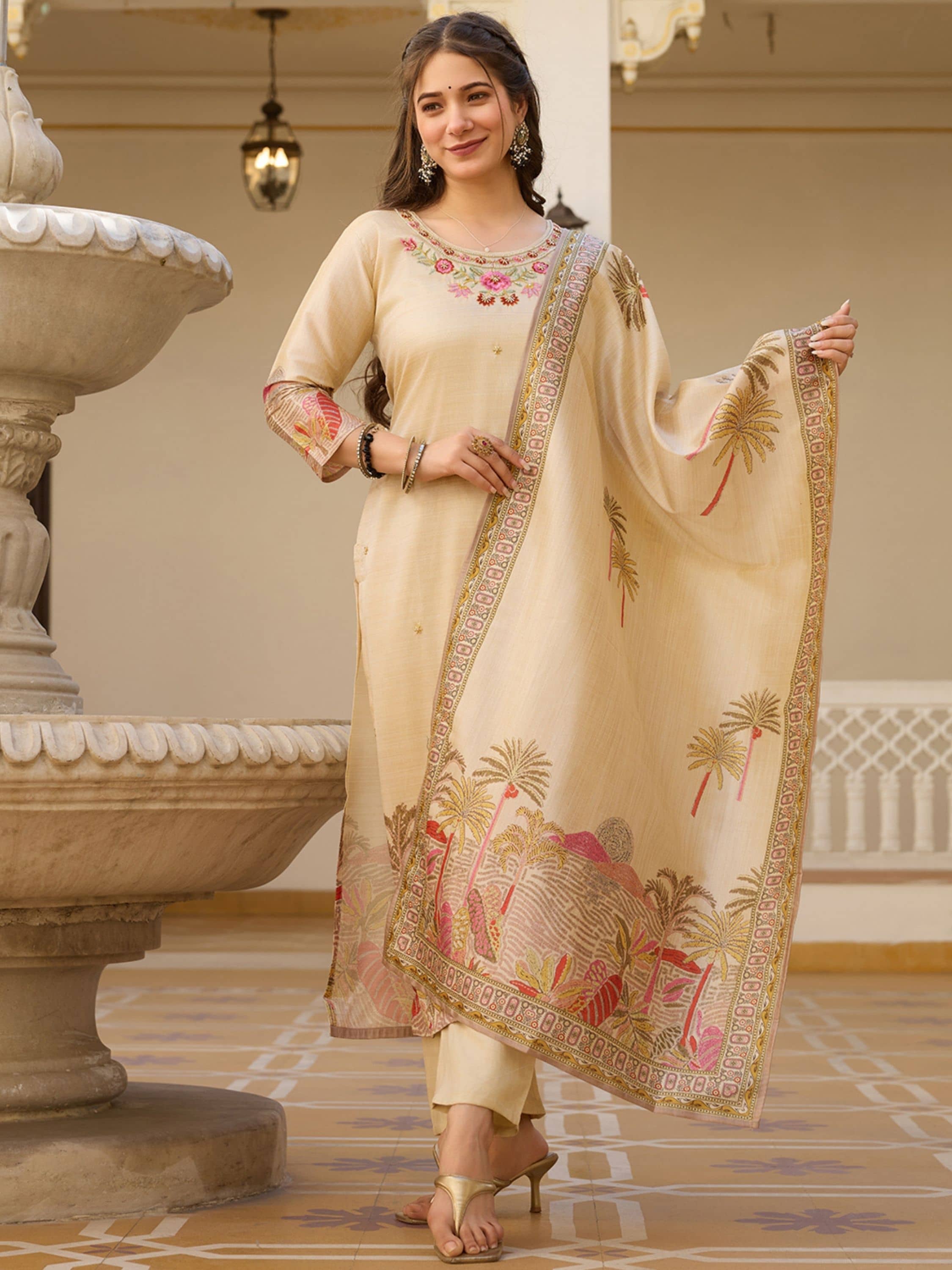 Niza Fashion Women Viscose Embroidered Straight Kurti With Pants ( Cream )