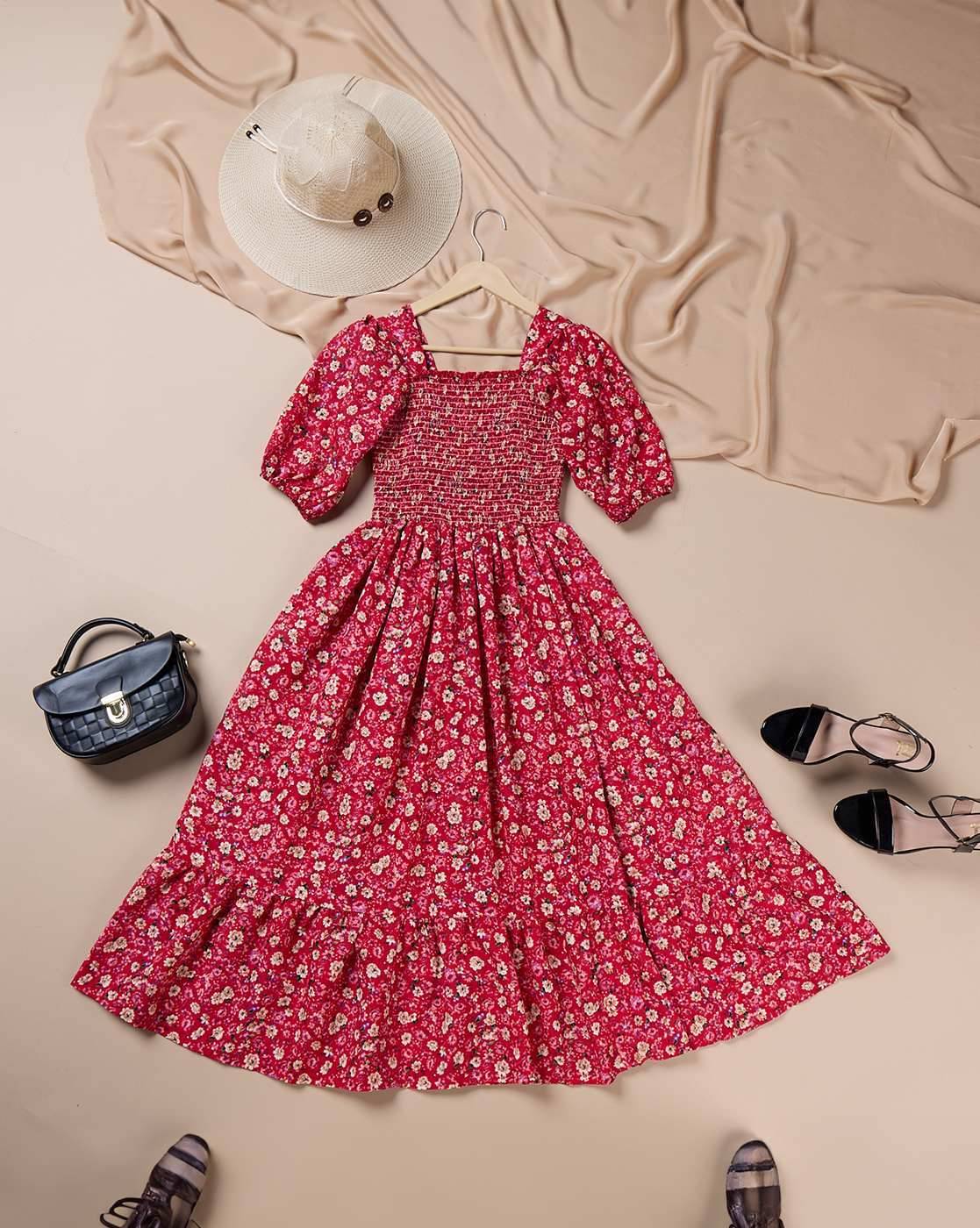 RAIYANI FASHION Women's Polyester Printed Fit & Flare Dress ( Red ) RAIYANI FASHION Women's Polyester Printed Fit & Flare Dress ( Red )