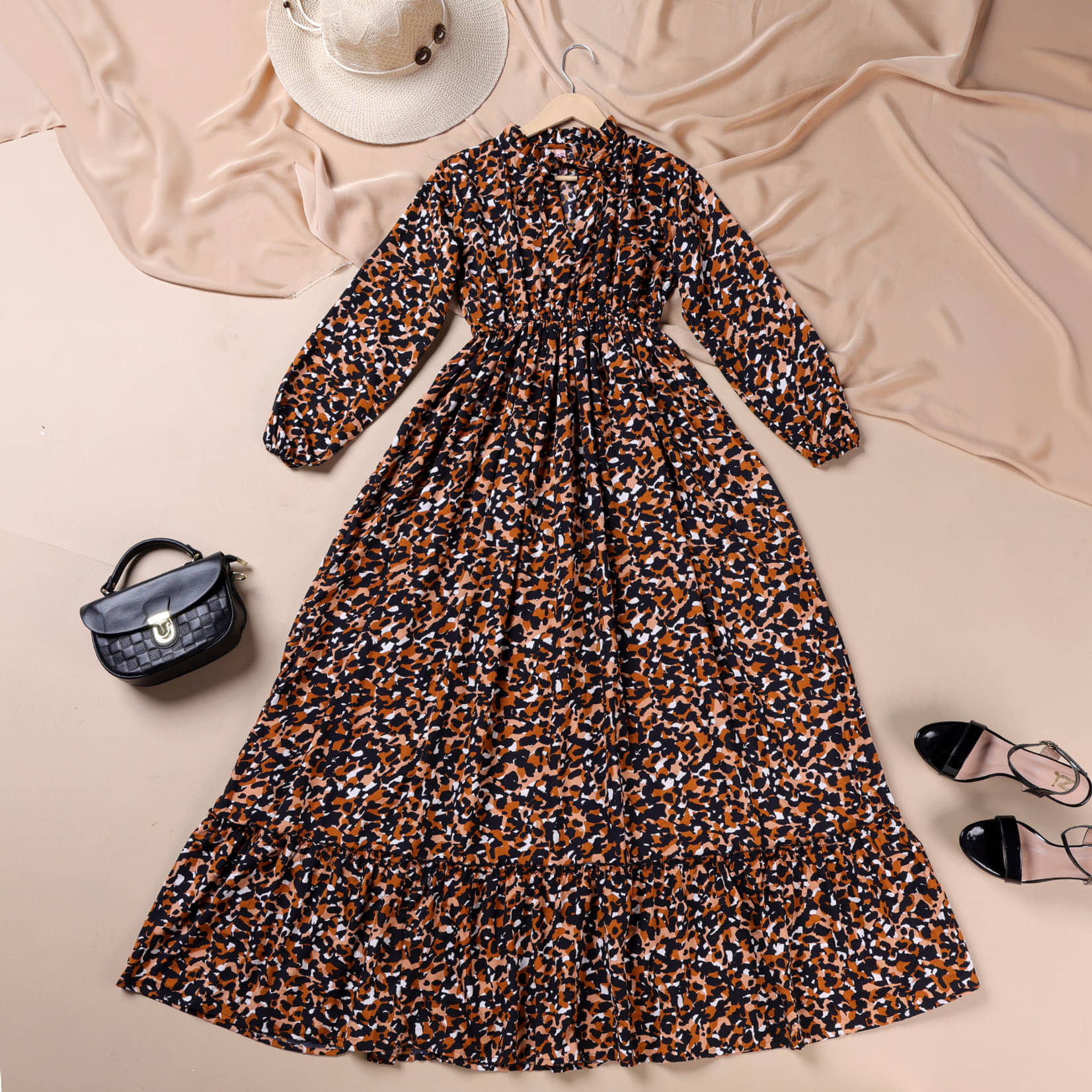 RAIYANI FASHION Women's Polyester Printed Fit & Flare Dress ( Black )     			RAIYANI FASHION Women's Polyester Printed Fit & Flare Dress ( Black )