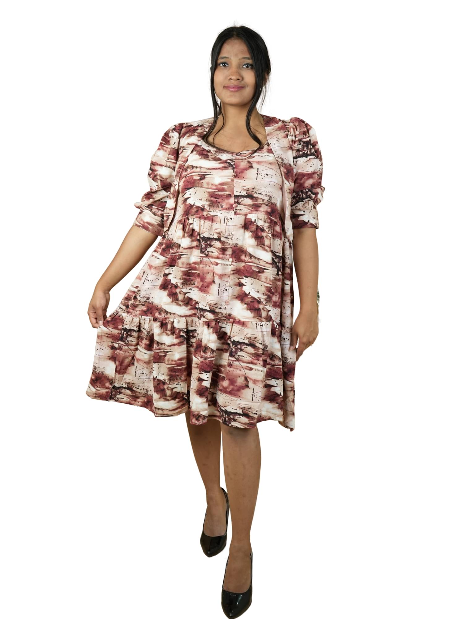Ridaa Women's Georgette Dyed Fit & Flare Dress ( Brown ) Ridaa Women's Georgette Dyed Fit & Flare Dress ( Brown )