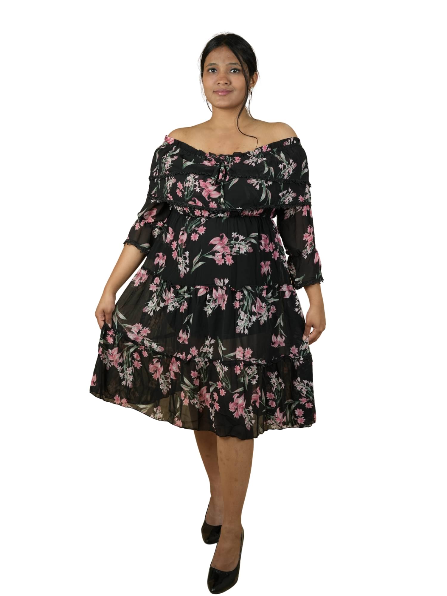     			Ridaa Women's Georgette Printed Fit & Flare Dress ( Black )