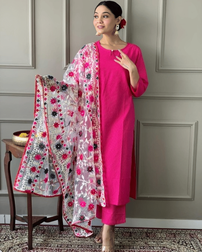 STAVROZ FASHION Women Cotton Silk Striped Straight Kurti With Salwar ( Pink ) STAVROZ FASHION Women Cotton Silk Striped Straight Kurti With Salwar ( Pink )