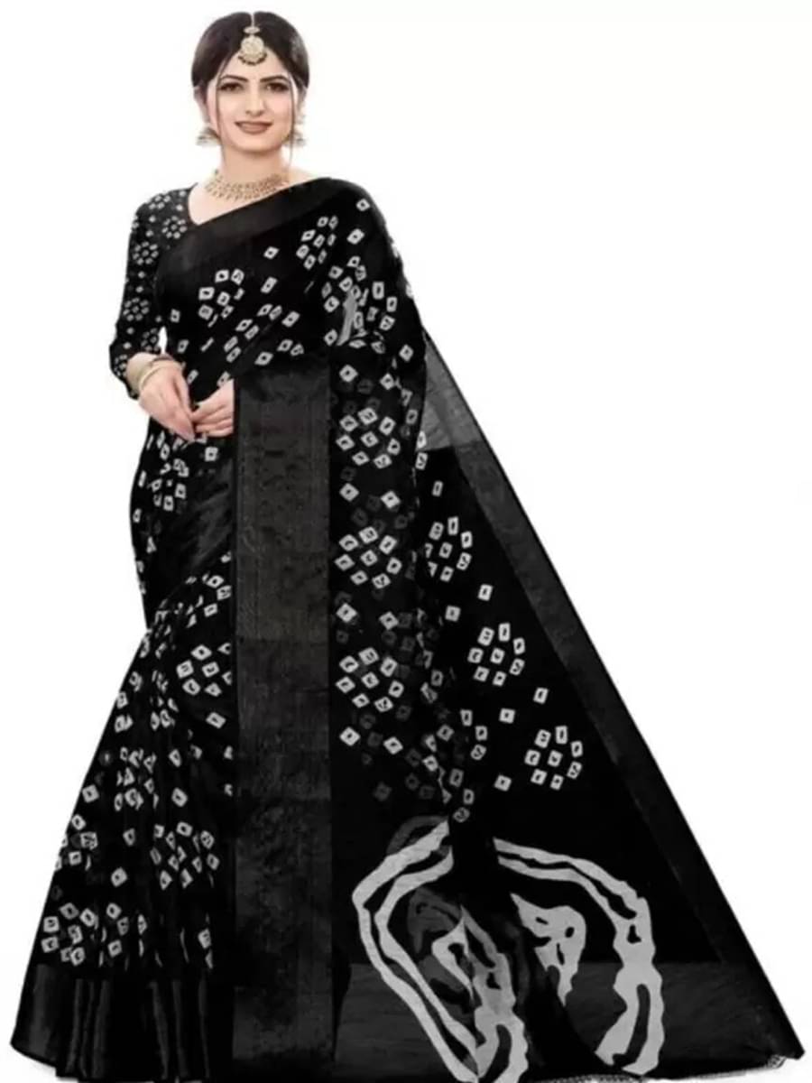 Samai Cotton Silk Printed Saree With Unstitched Blouse Piece ( Black ) Samai Cotton Silk Printed Saree With Unstitched Blouse Piece ( Black )