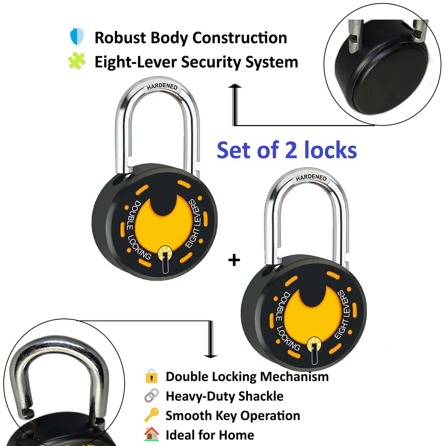 Unikkus, Set of 2, Heavy-Duty 62MM Padlocks – Double Locking System with 8 Levers | Lock and Keys for Home & Main Door Security Unikkus, Set of 2, Heavy-Duty 62MM Padlocks – Double Locking System with 8 Levers | Lock and Keys for Home & Main Door Security