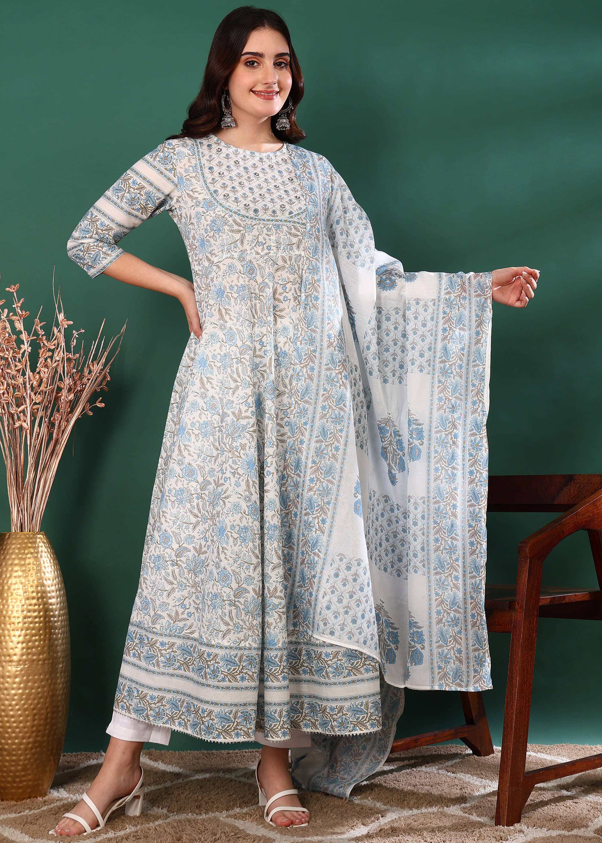     			Yash Gallery Women's Cotton Printed Flared Kurti - ( White )
