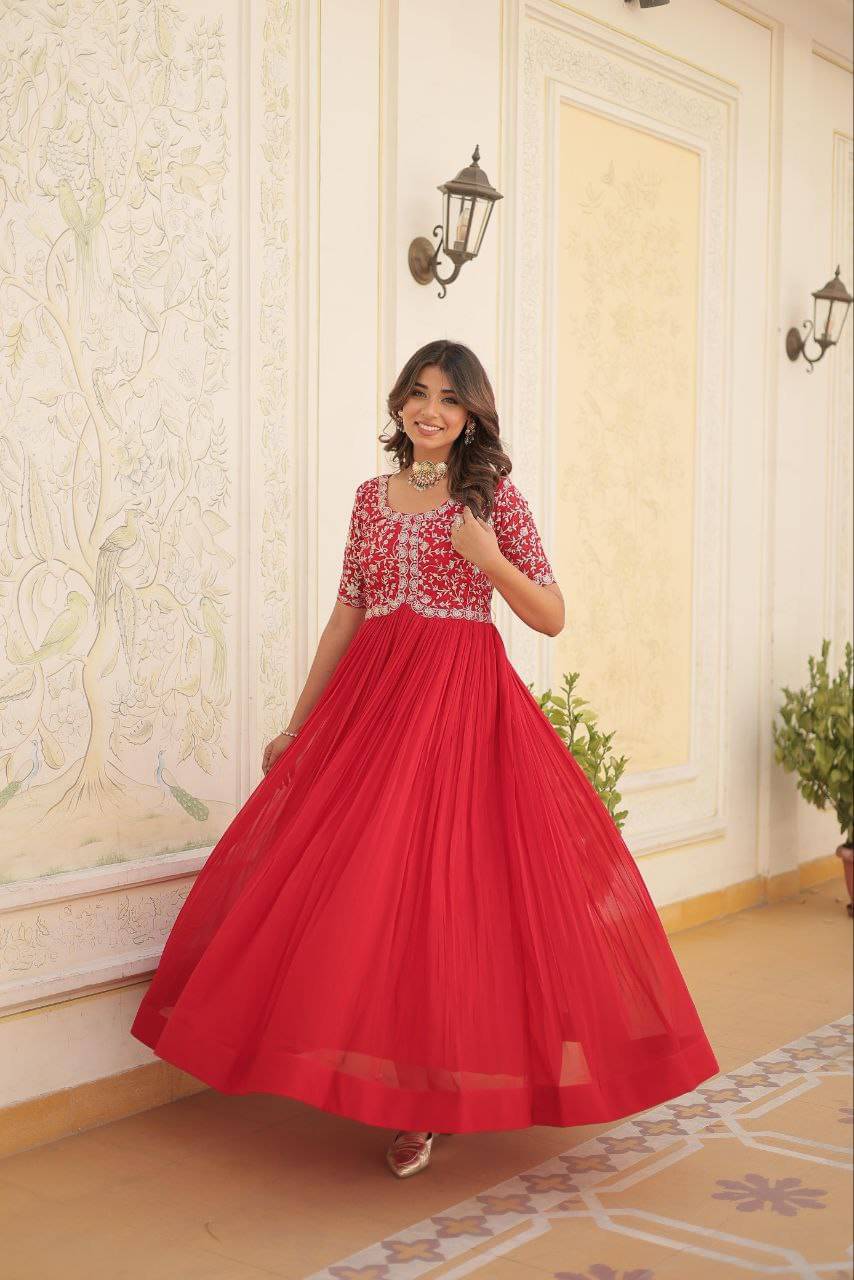     			keshav fashion Women Georgette Flared Stitched Ethnic Gown ( Red )