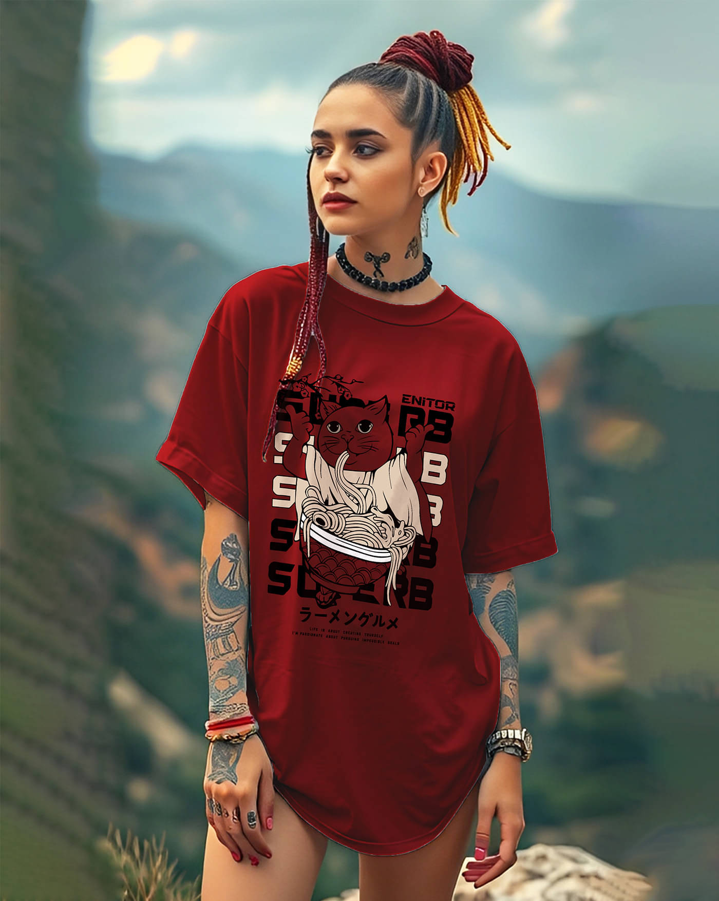 ENITOR Women Cotton Blend Printed Oversized Round Neck T-Shirt ( Maroon ) ENITOR Women Cotton Blend Printed Oversized Round Neck T-Shirt ( Maroon )