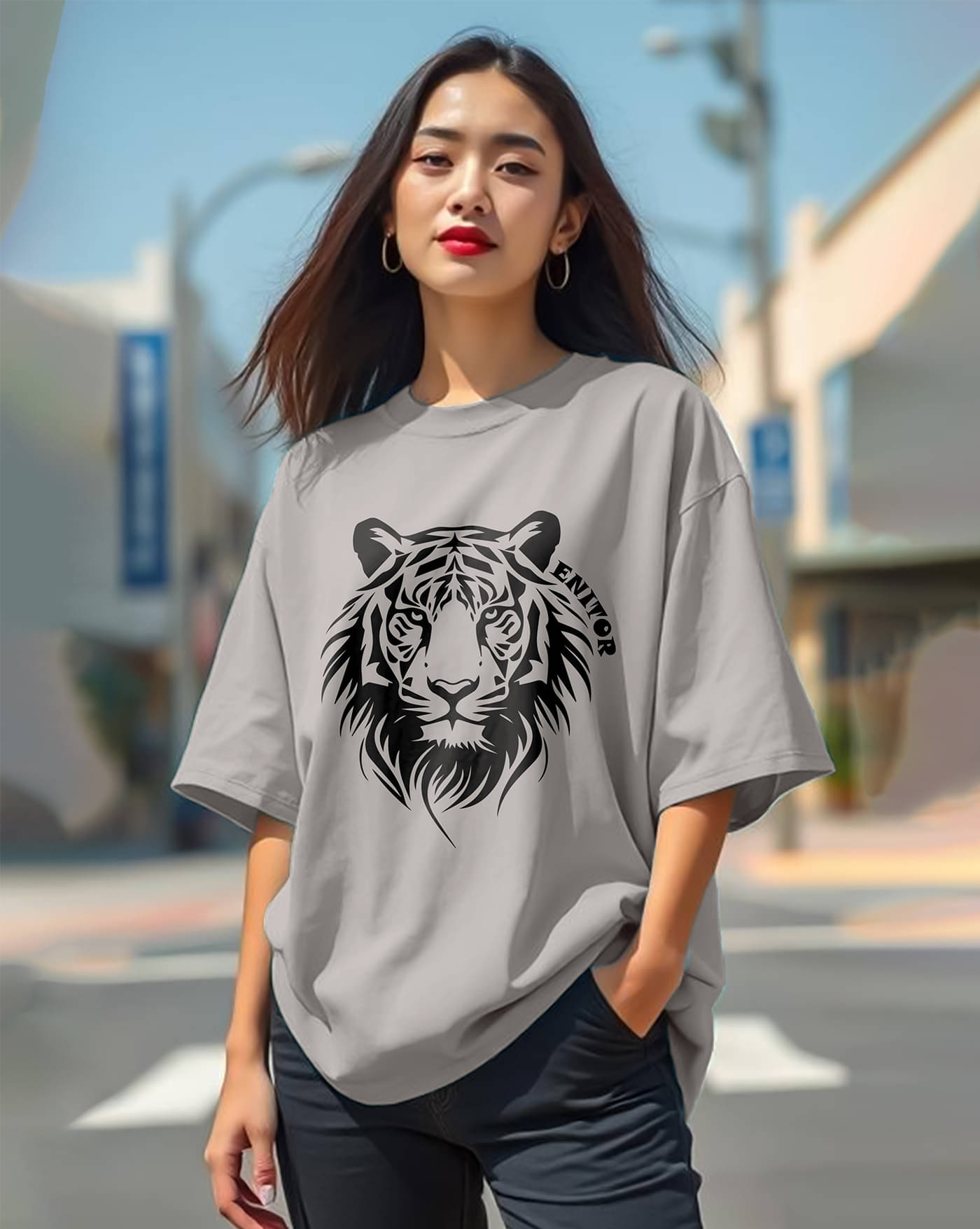 ENITOR Women Cotton Blend Printed Oversized Round Neck T-Shirt ( Grey ) ENITOR Women Cotton Blend Printed Oversized Round Neck T-Shirt ( Grey )