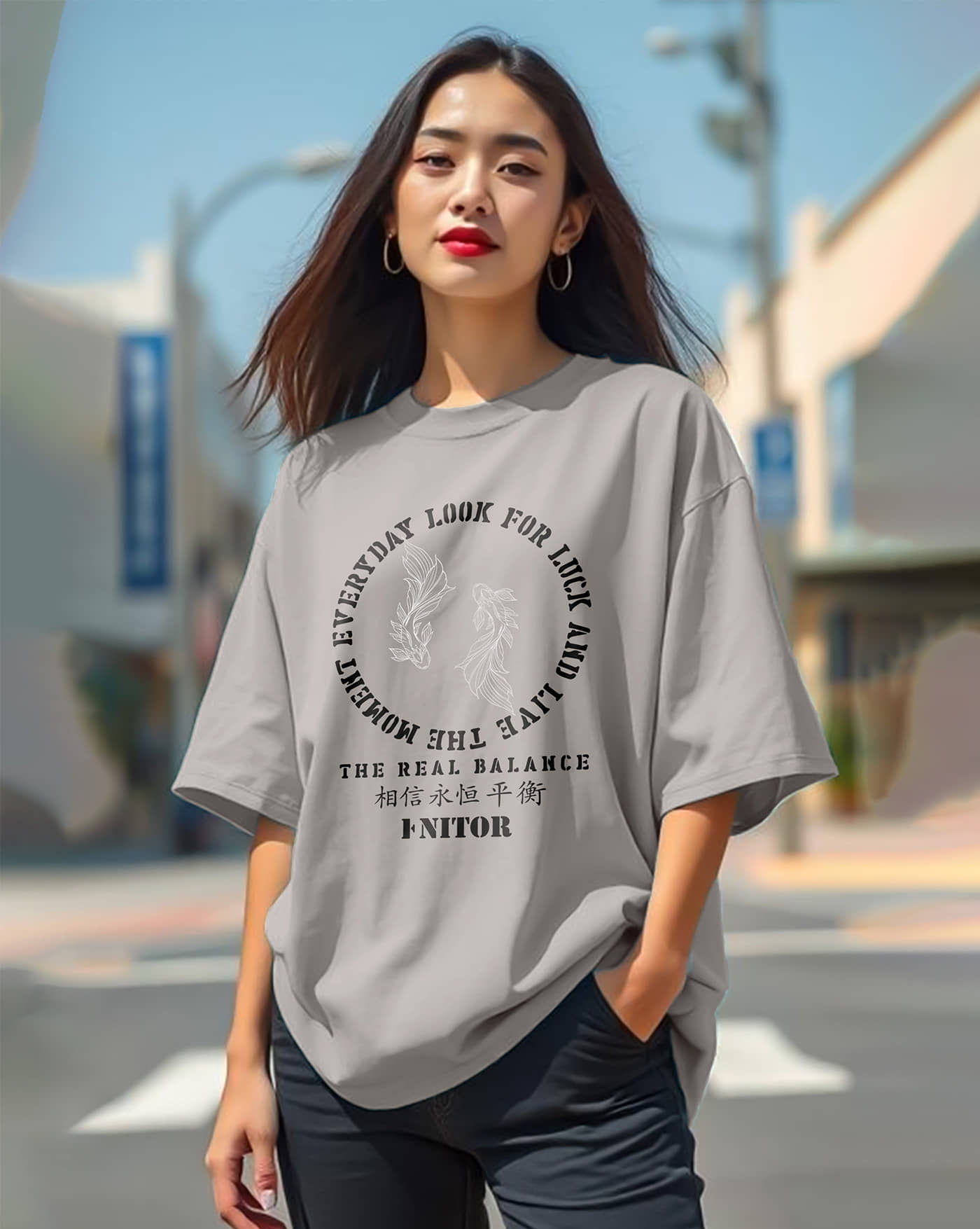 ENITOR Women Cotton Blend Printed Oversized Round Neck T-Shirt ( Grey )
