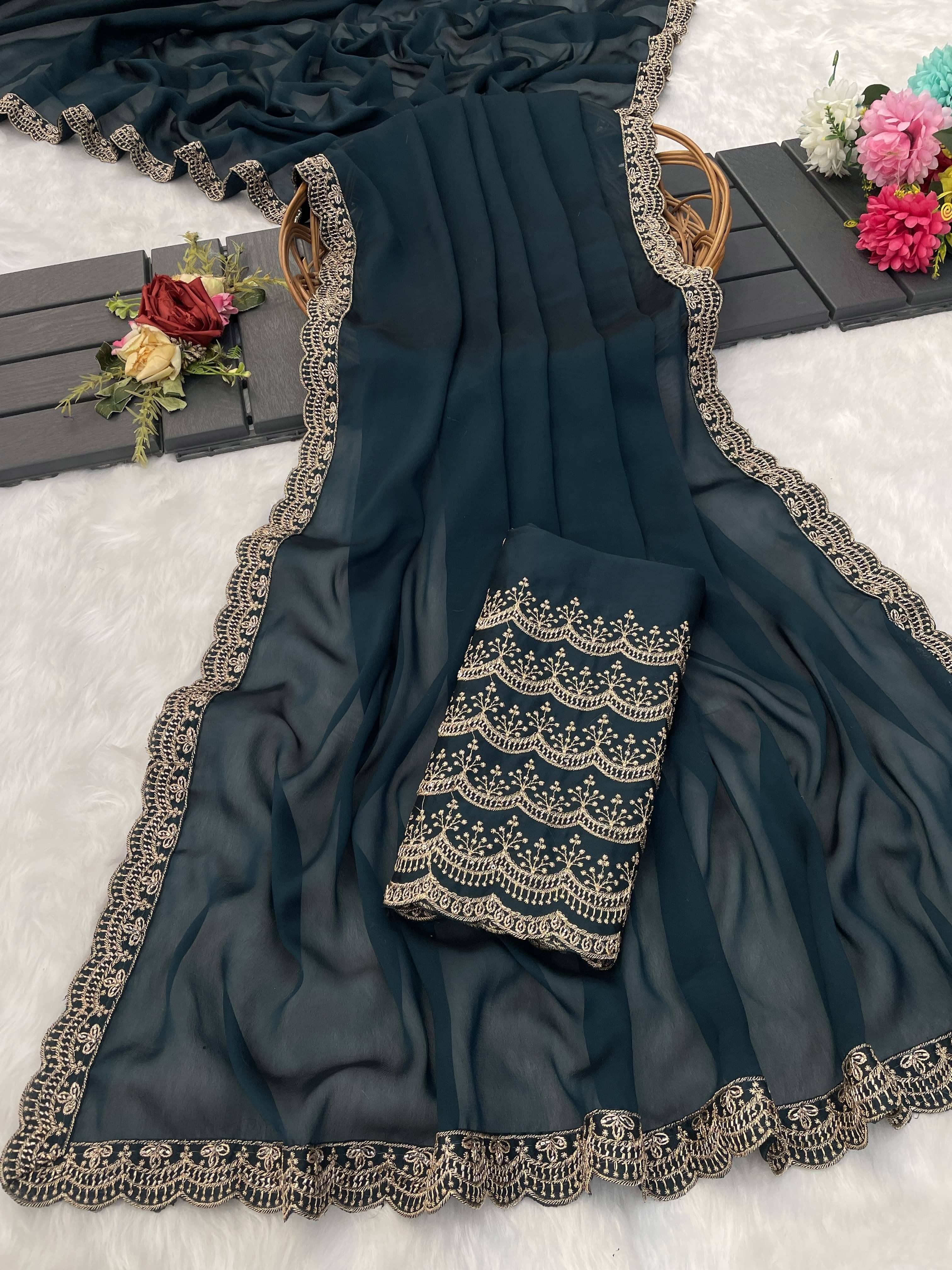     			Gullak Chiffon Embellished Saree With Unstitched Blouse Piece ( Teal )